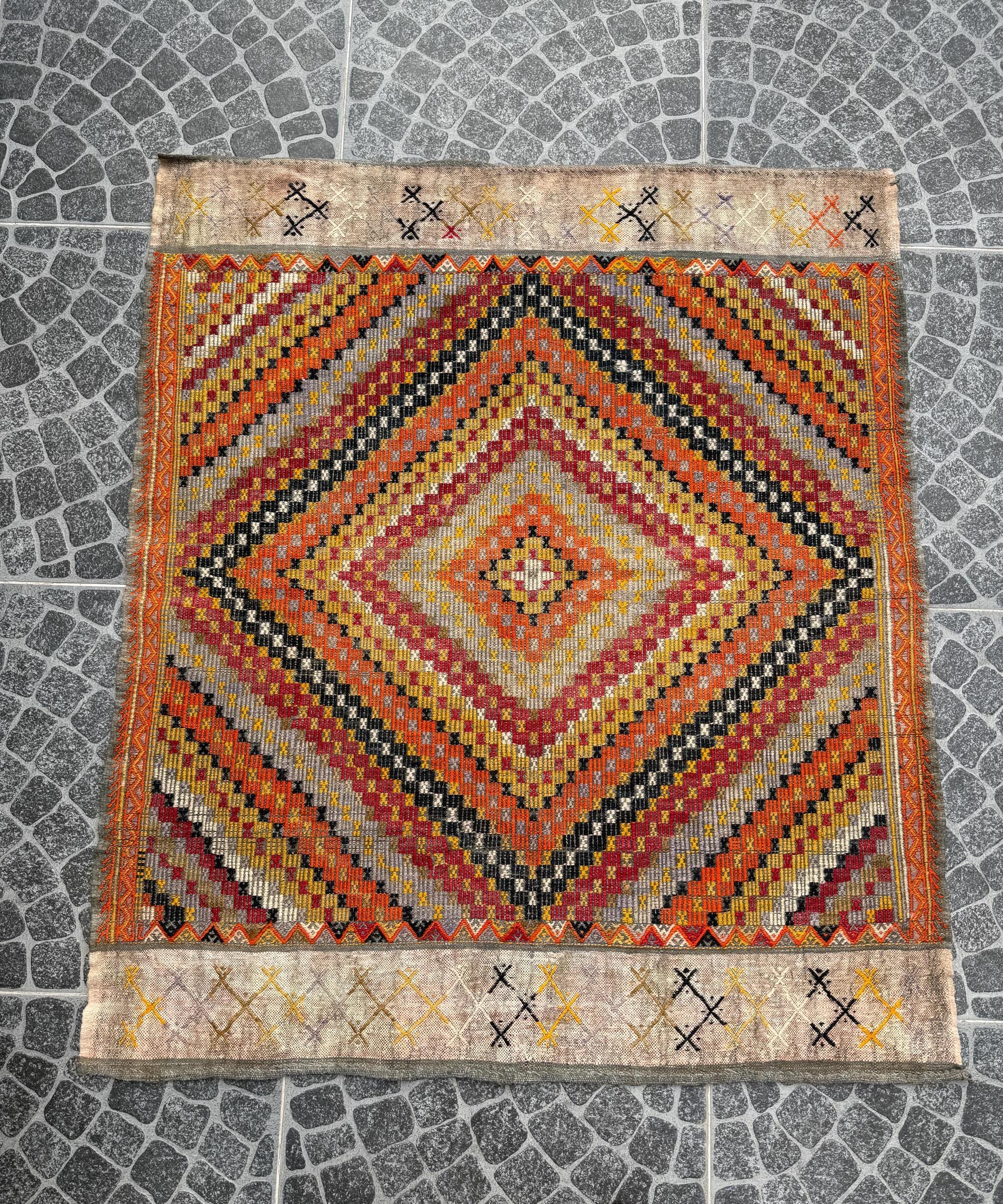 Vintage Turkish Kilim Rug, Handwoven Cicim, Bohemian Decor (4.00x4.66 ft)