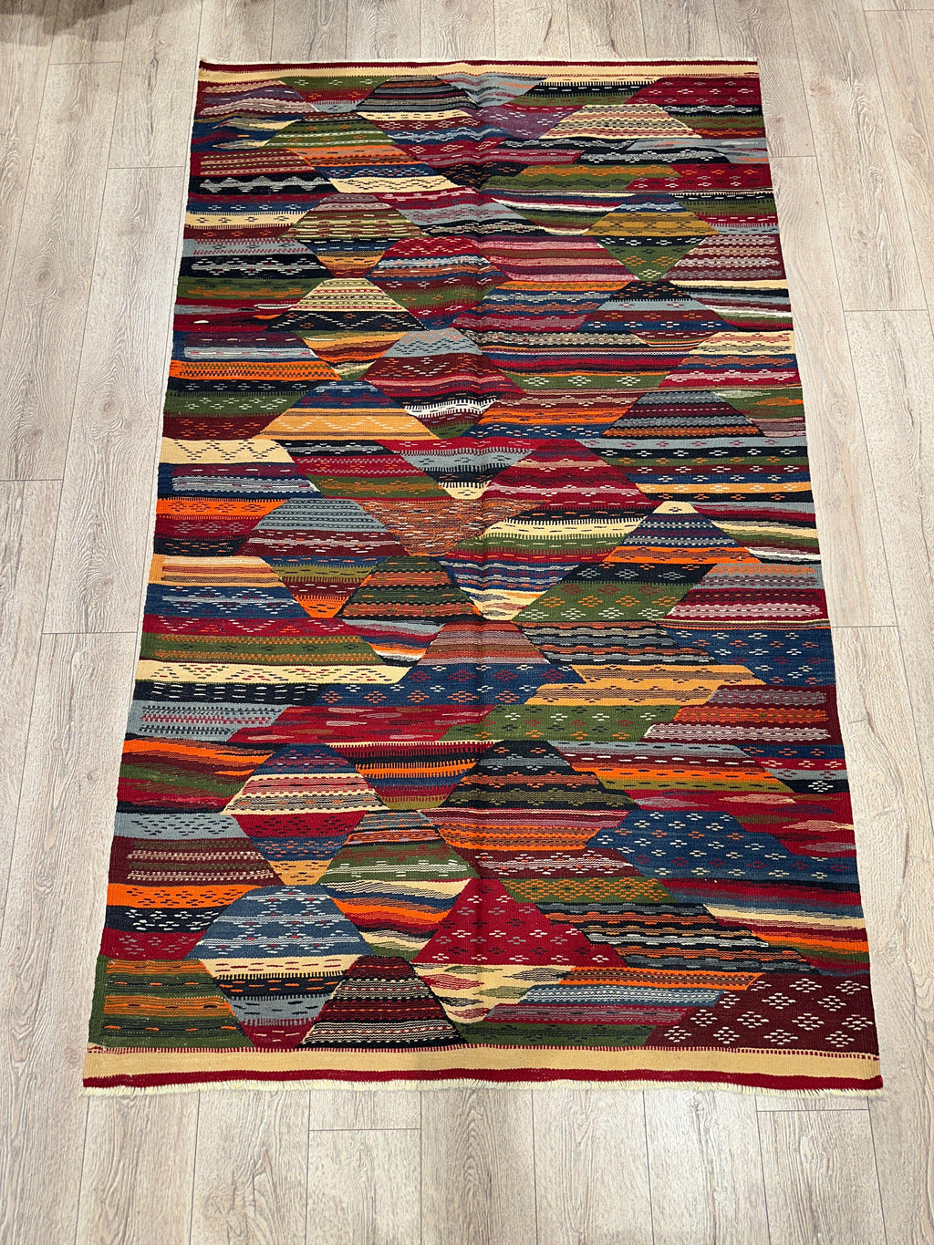 Vintage Turkish Kilim Rug, Boho Geometric Wool Area Rug (4.6 x 7.7 ft)