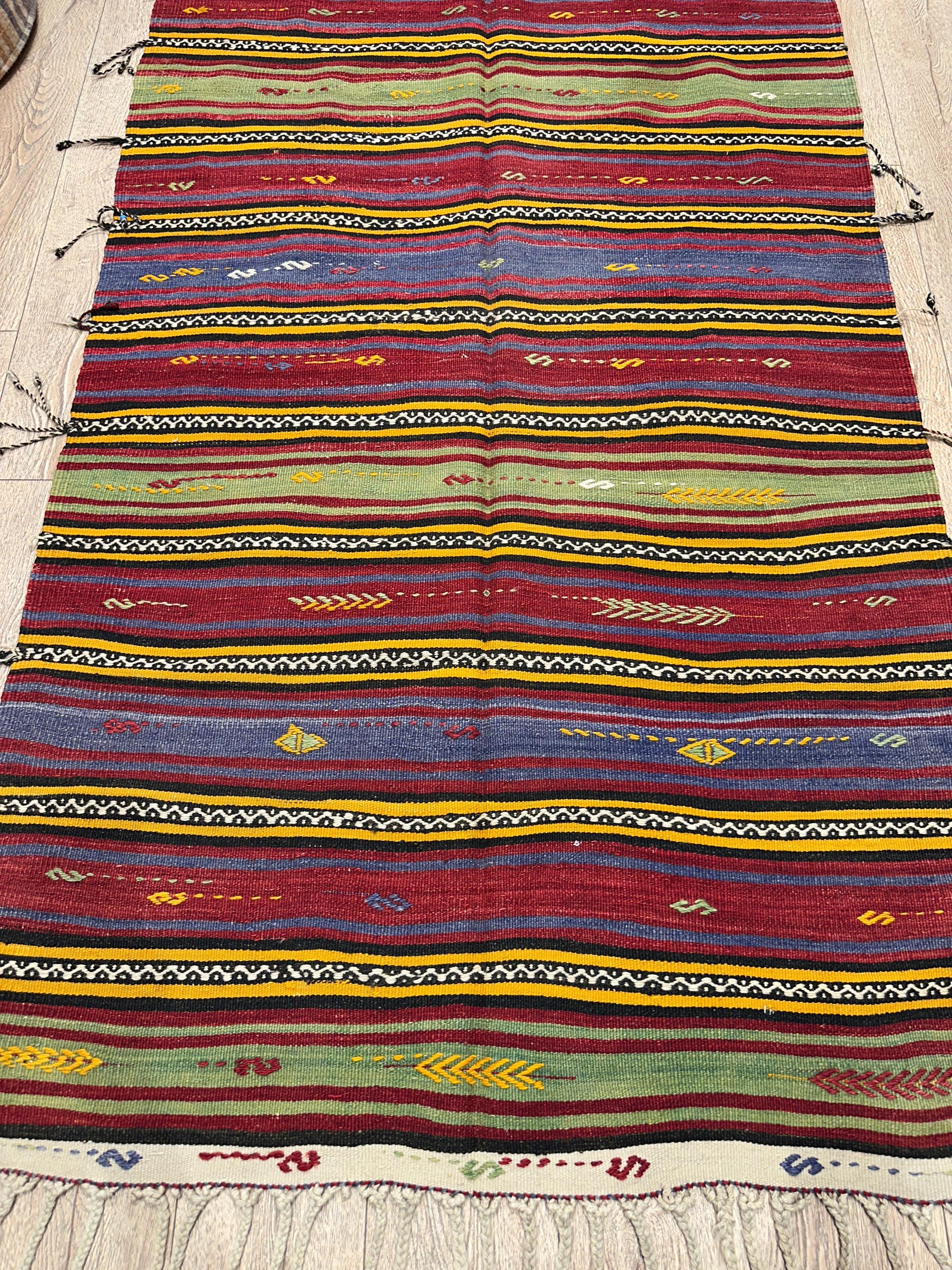Vintage Turkish Kilim Rug, Multicolor Wool Anatolian Rug (3.8 x 7.8 ft)