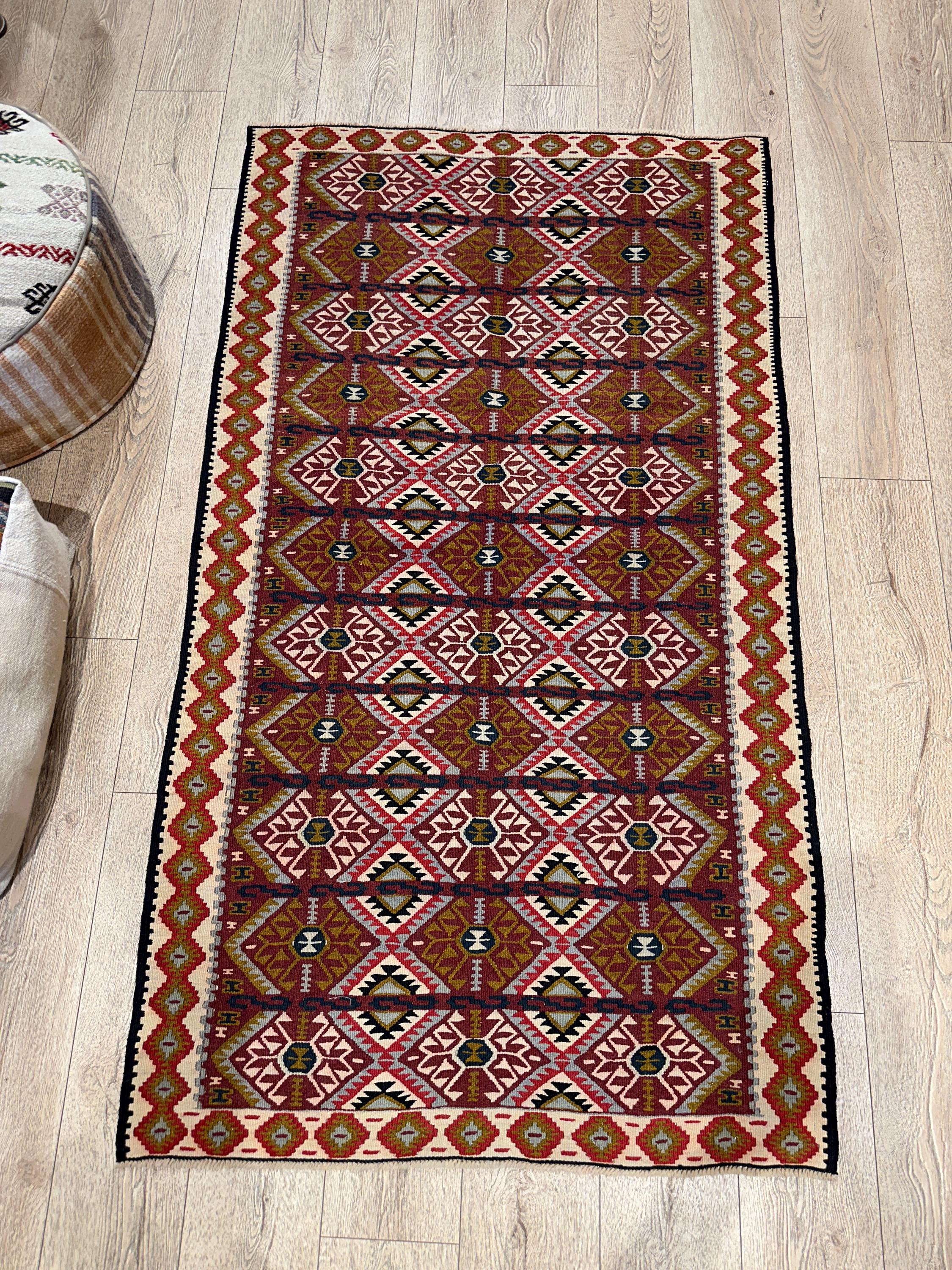 Vintage Turkish Kilim Rug, Handwoven Wool Boho Decor (3.4 x 6.1 ft)