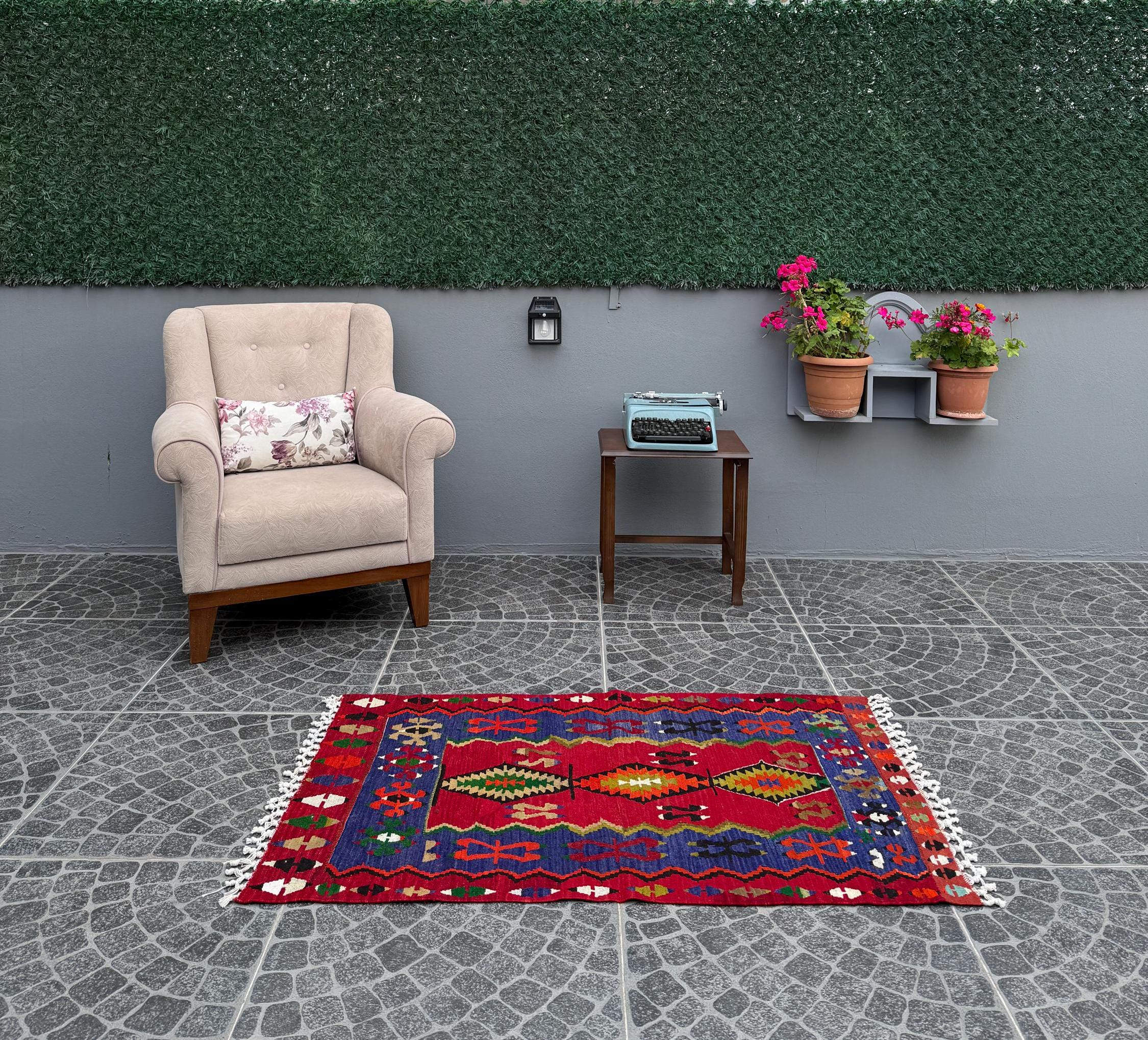 Vintage Turkish Afyon Kilim Rug | Bold Red & Blue Geometric Wall Hanging (2.72x4.36 ft)