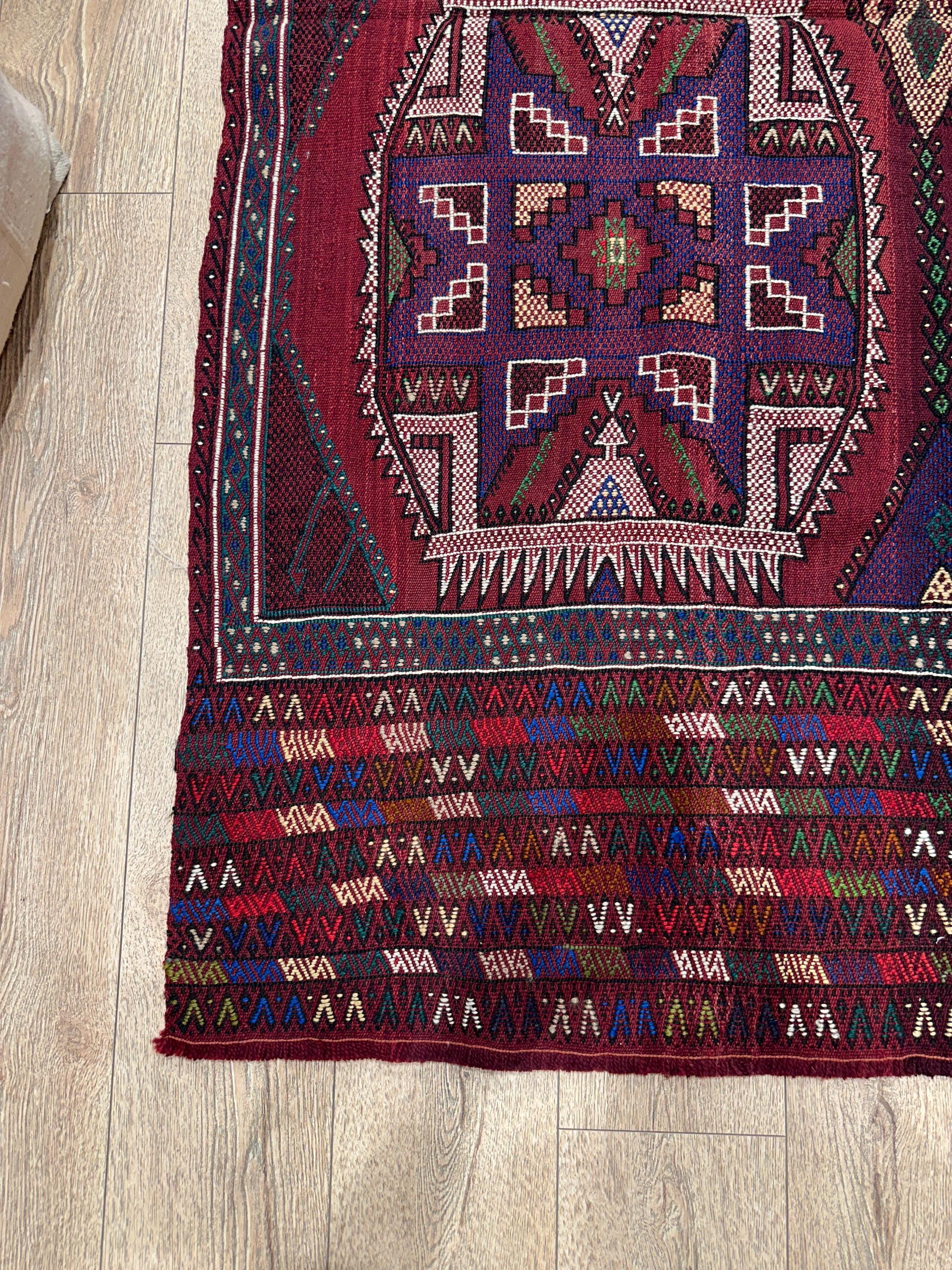 Vintage Turkish Kilim Rug, Handwoven Wool, Geometric Tribal Design (4.46 x 6.56 ft)