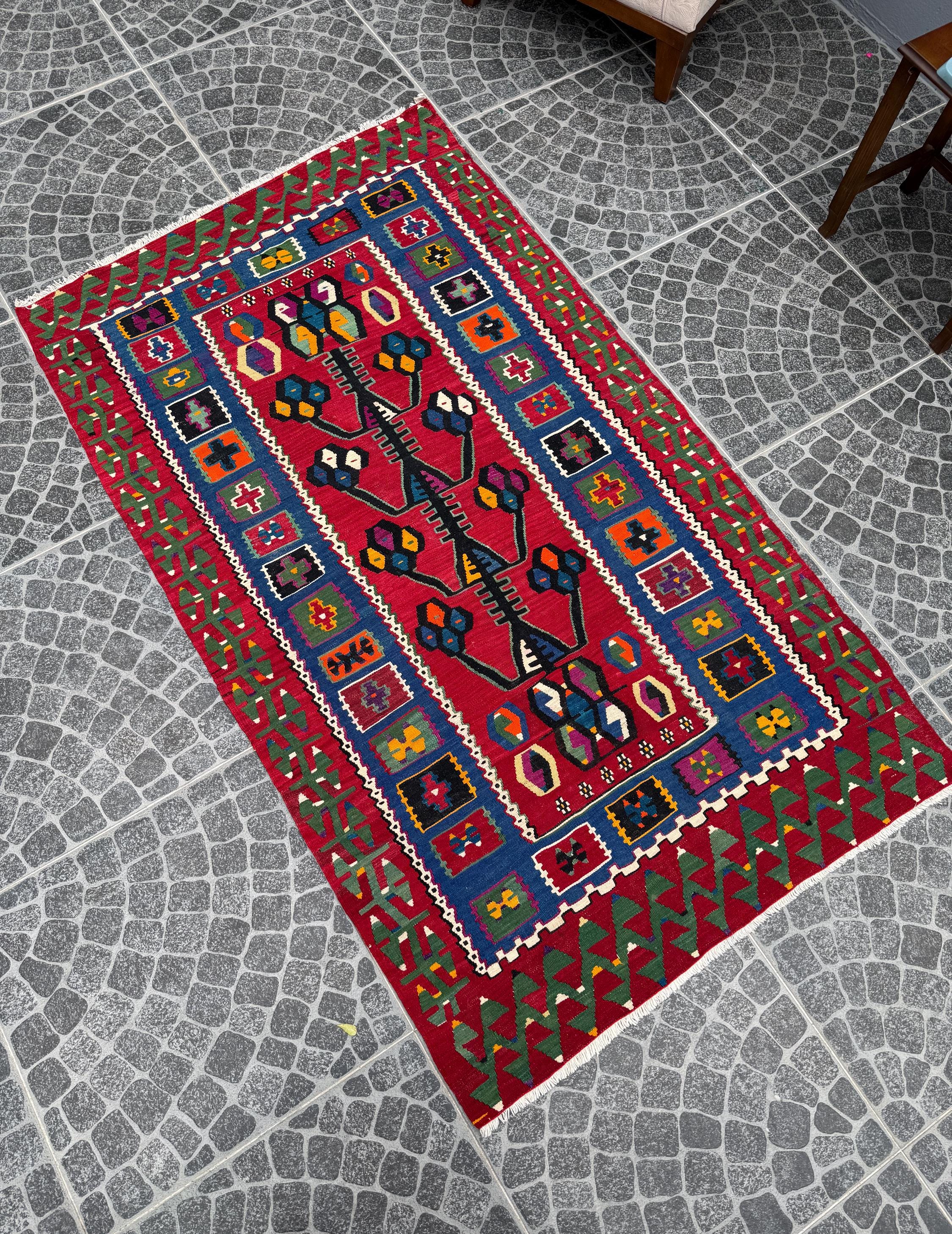 Vintage Tree of Life Kilim Rug, Turkish Handwoven Wool (3.93x6.66ft)