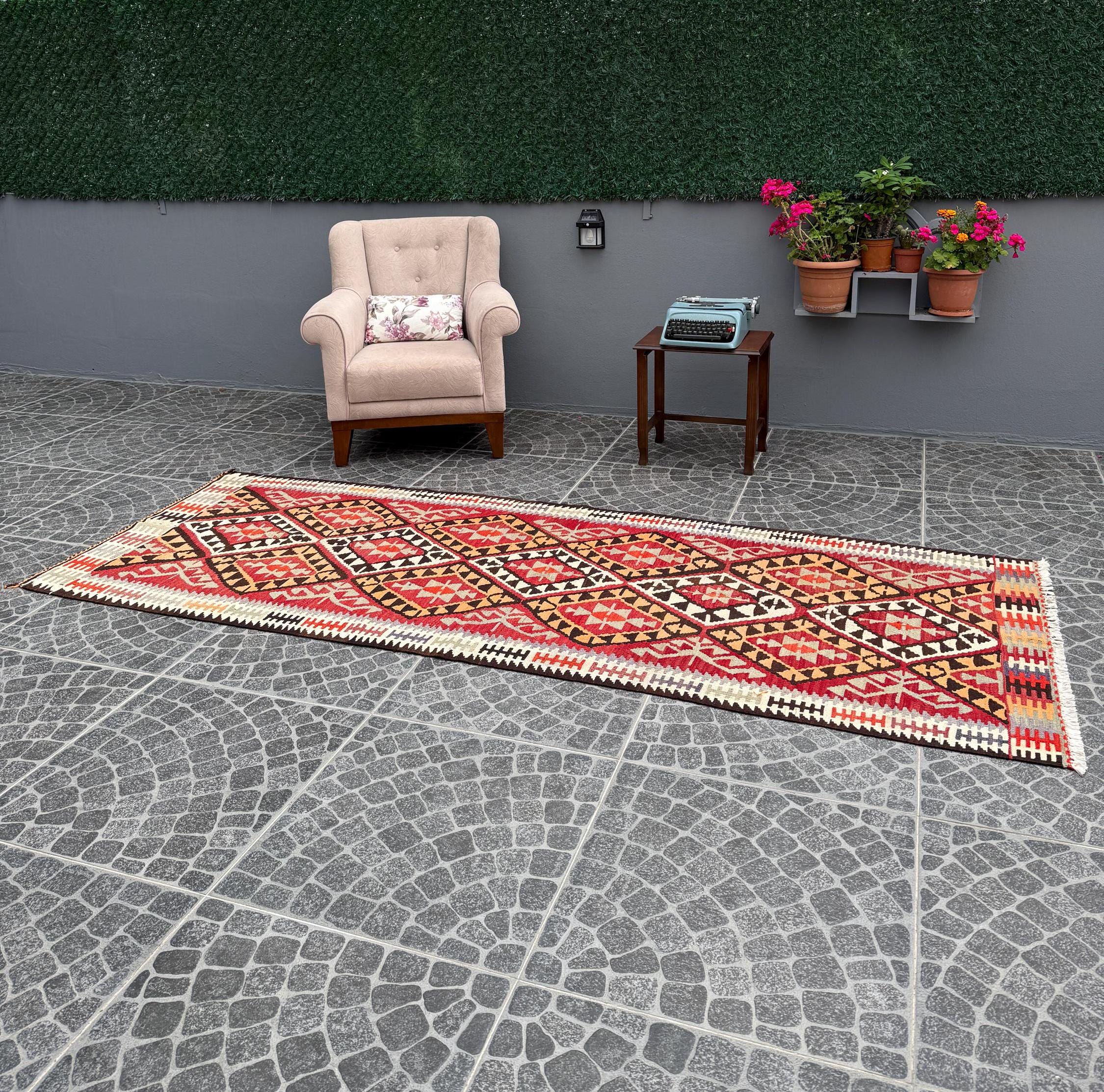 Vintage Handwoven Turkish Kilim Rug: Tarak Motif Wall Hanging (3.44x9.38ft)