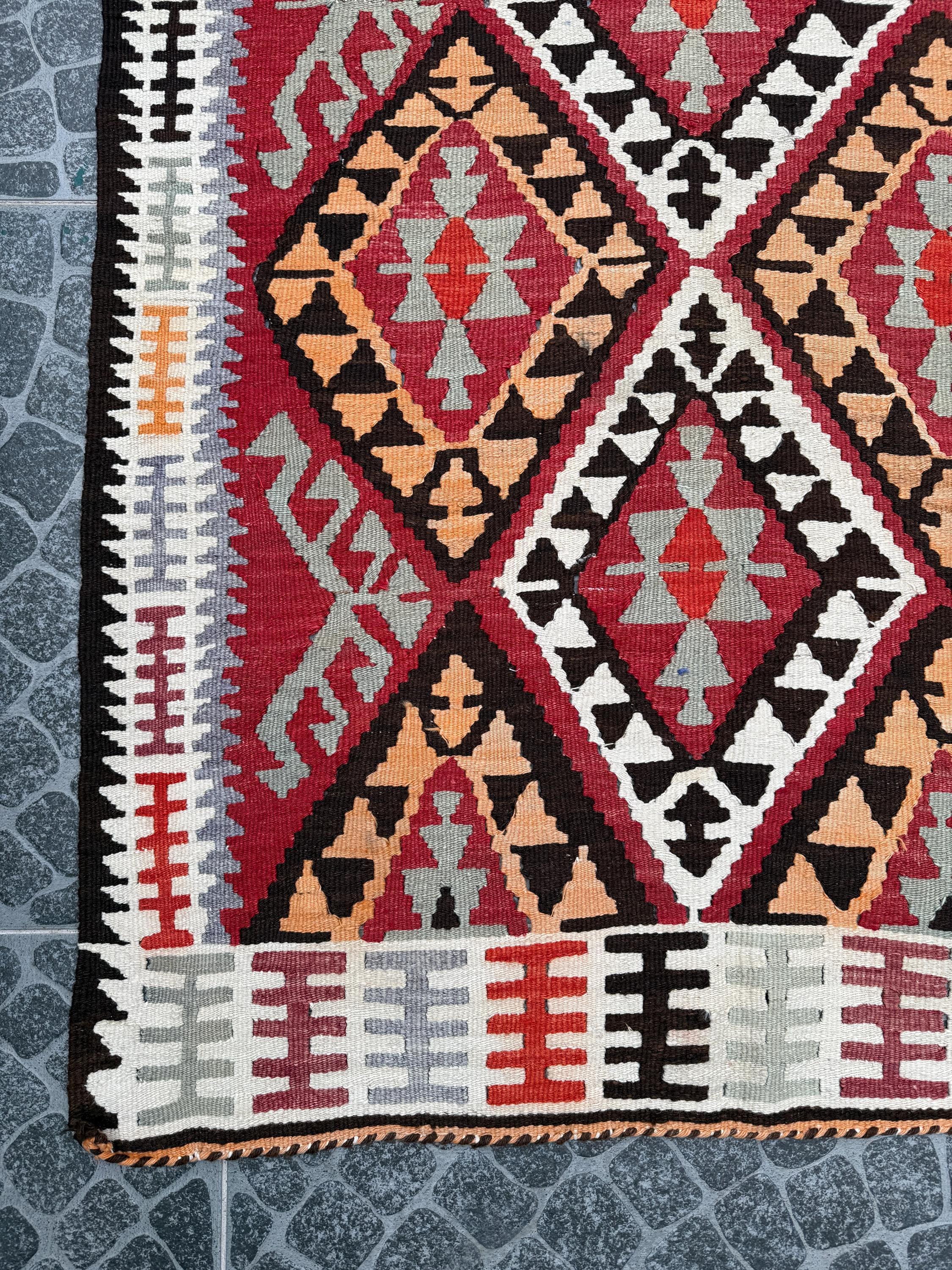 Vintage Handwoven Turkish Kilim Rug: Tarak Motif Wall Hanging (3.44x9.38ft)