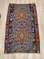 Vintage Turkish Kilim Rug, Handwoven Wool, Tribal Diamond Design (3.8 x 6.2 ft)