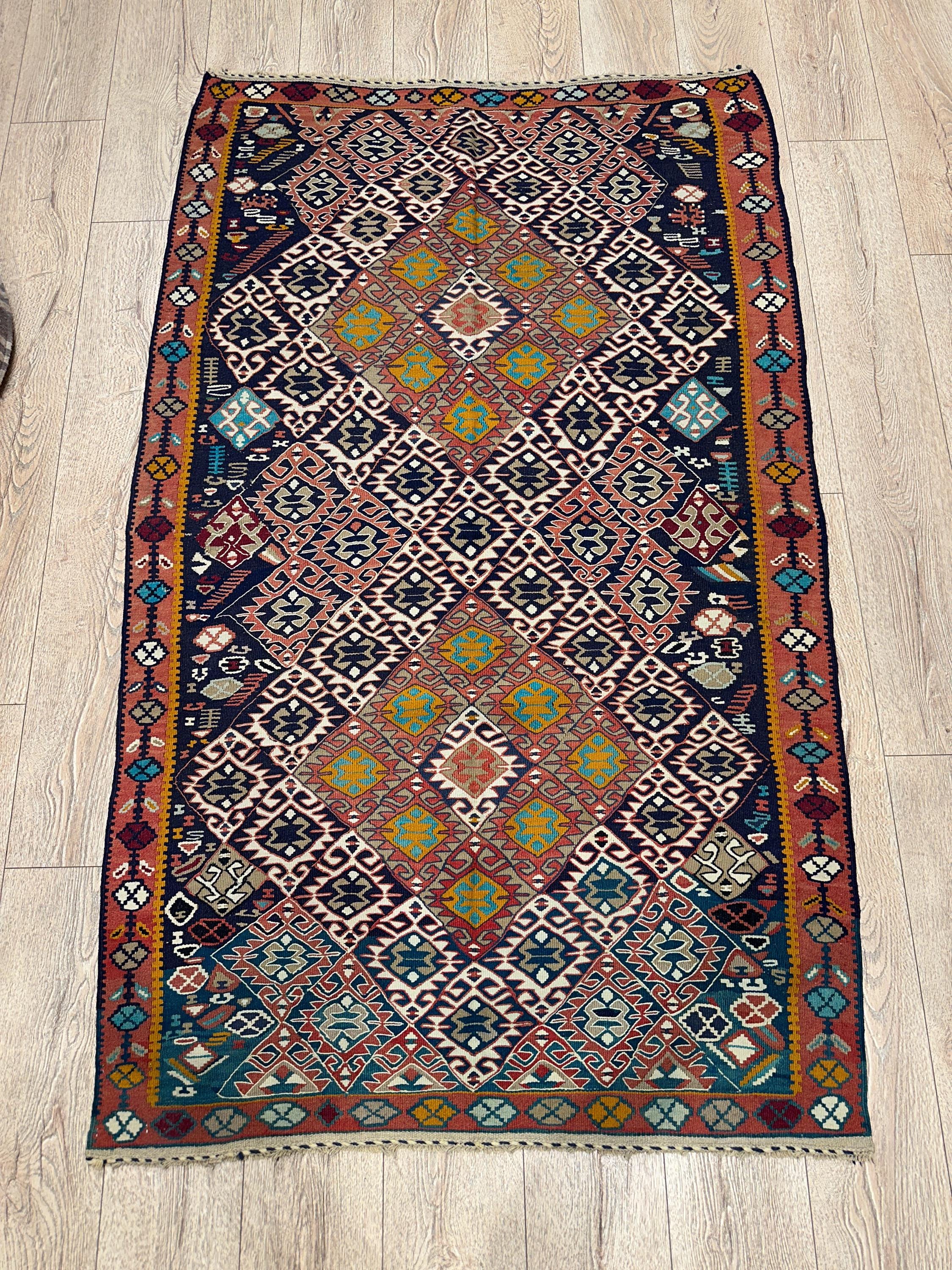 Vintage Turkish Kilim Rug, Handwoven Wool, Tribal Diamond Design (3.8 x 6.2 ft)