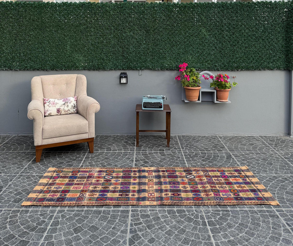 Vintage Turkish Kilim Rug, Bohemian Woven Area Rug (2.33x7.22 ft)