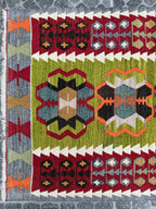 Vintage Turkish Eşme Kilim | Vibrant Green & Red Geometric Wall Hanging Rug | 2.6x3.9 ft (80x118 cm)