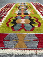 Vintage Turkish Eşme Kilim | Vibrant Green & Red Geometric Wall Hanging Rug | 2.6x3.9 ft (80x118 cm)