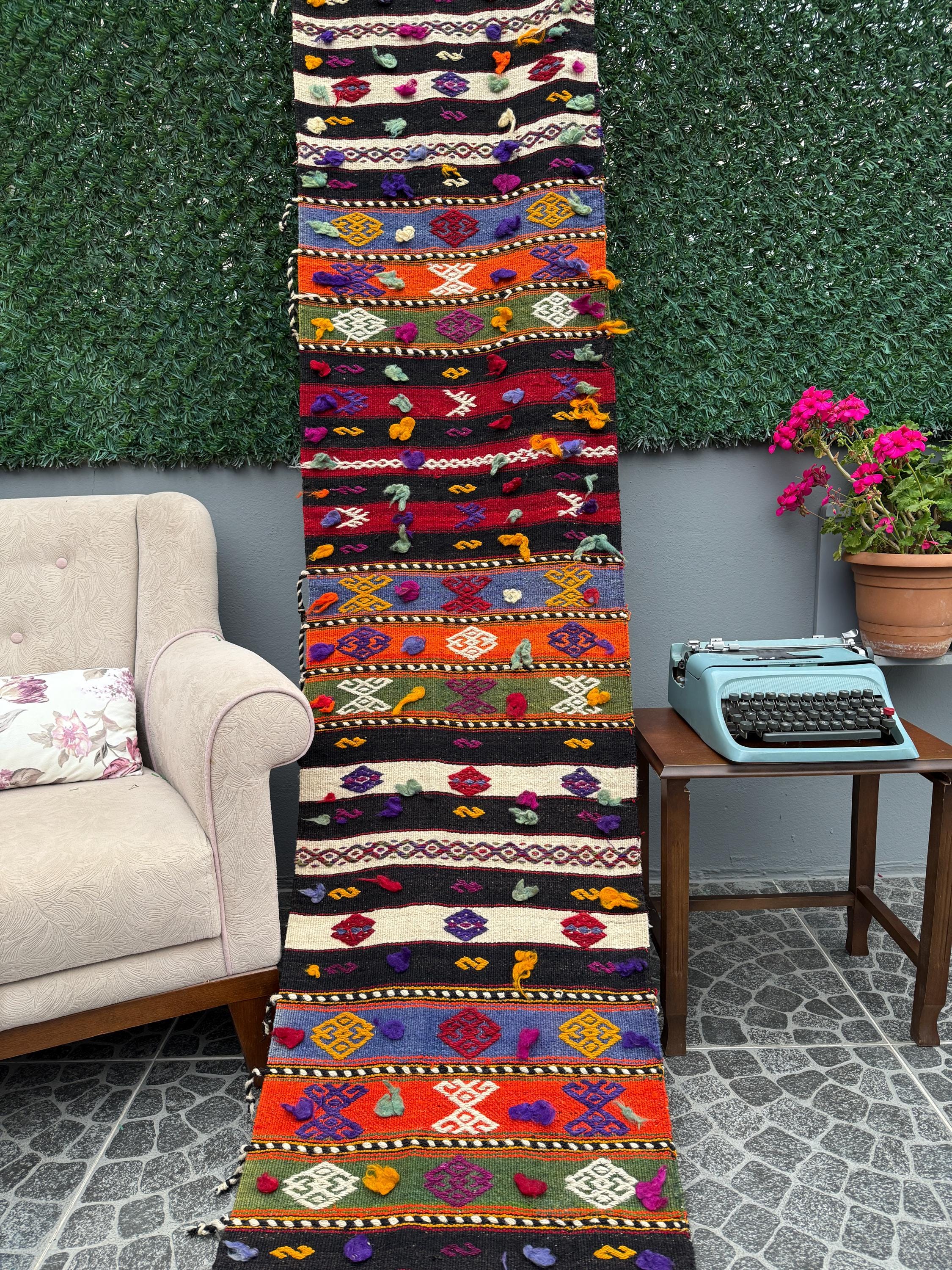 Vintage Handwoven Kilim Runner Rug: Turkish Cicim Design, Boho Decor