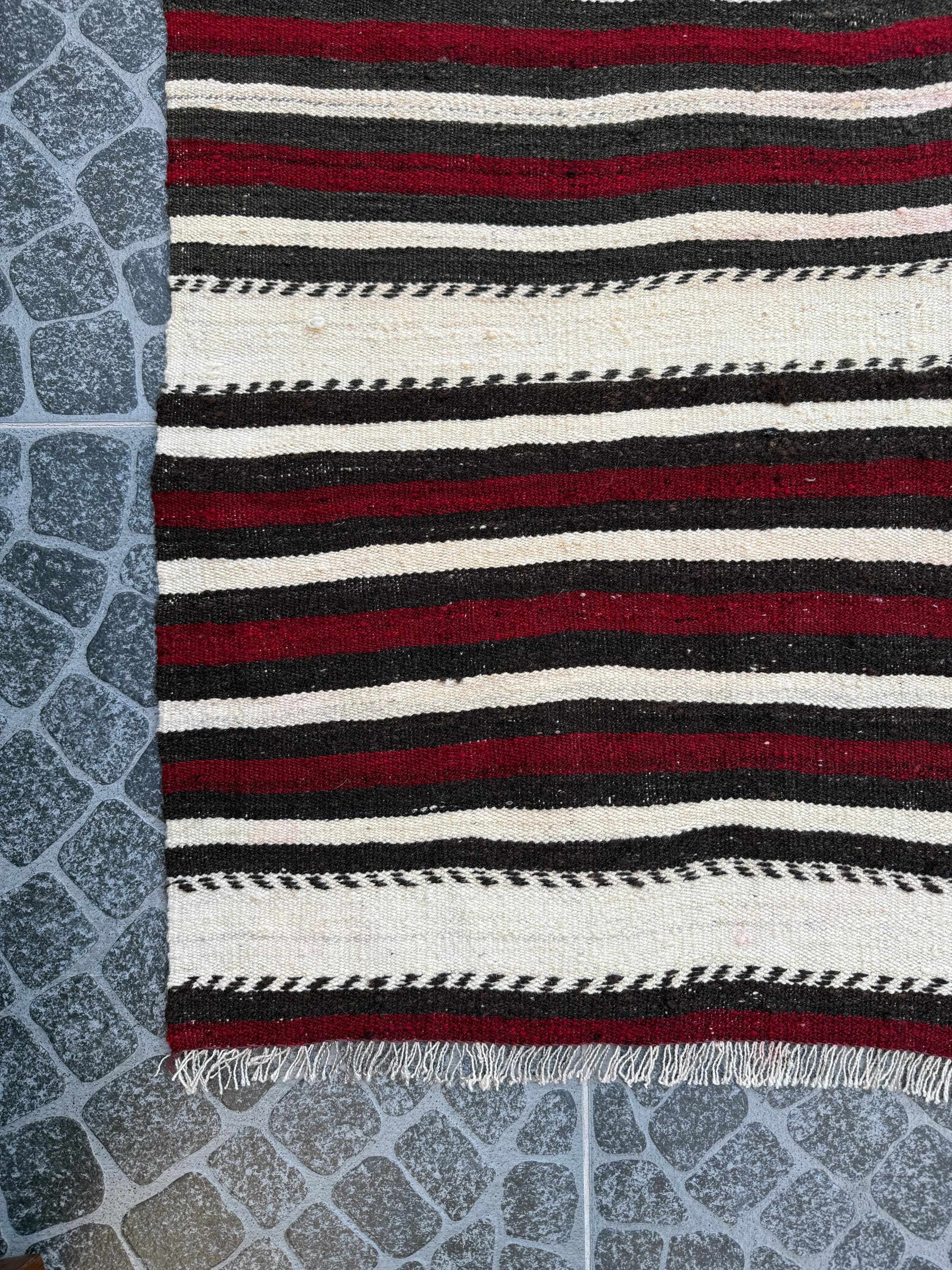 Vintage Turkish Kilim Rug: Handwoven Wool, Striped Bohemian Decor (4.8 x 7.2 ft)