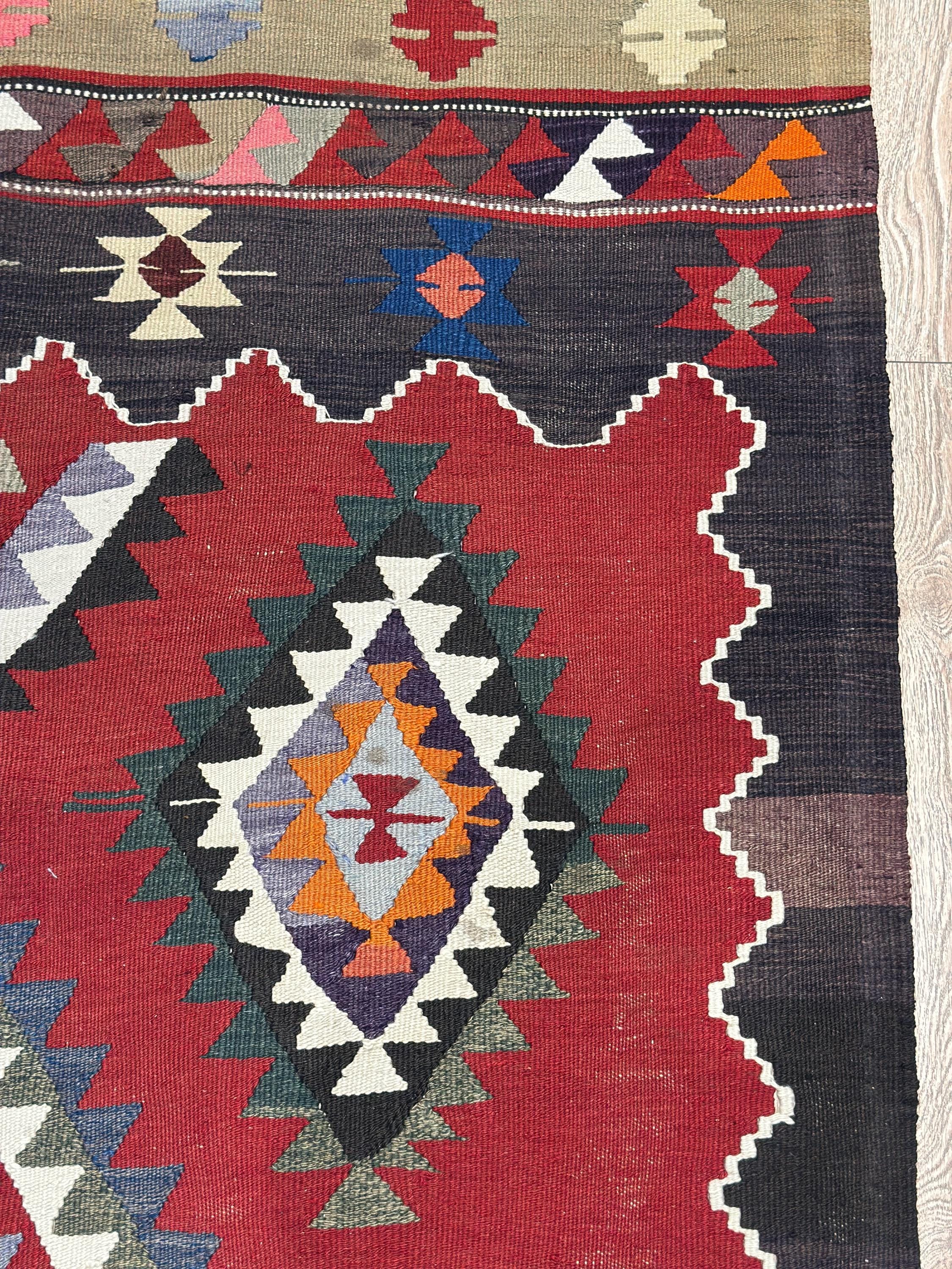 Vintage Turkish Kilim Rug – 4.6 x 7.4 ft, Red Black Geometric Wool Rug
