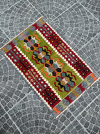 Vintage Turkish Eşme Kilim | Vibrant Green & Red Geometric Wall Hanging Rug | 2.6x3.9 ft (80x118 cm)