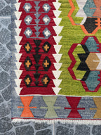 Vintage Turkish Eşme Kilim | Vibrant Green & Red Geometric Wall Hanging Rug | 2.6x3.9 ft (80x118 cm)