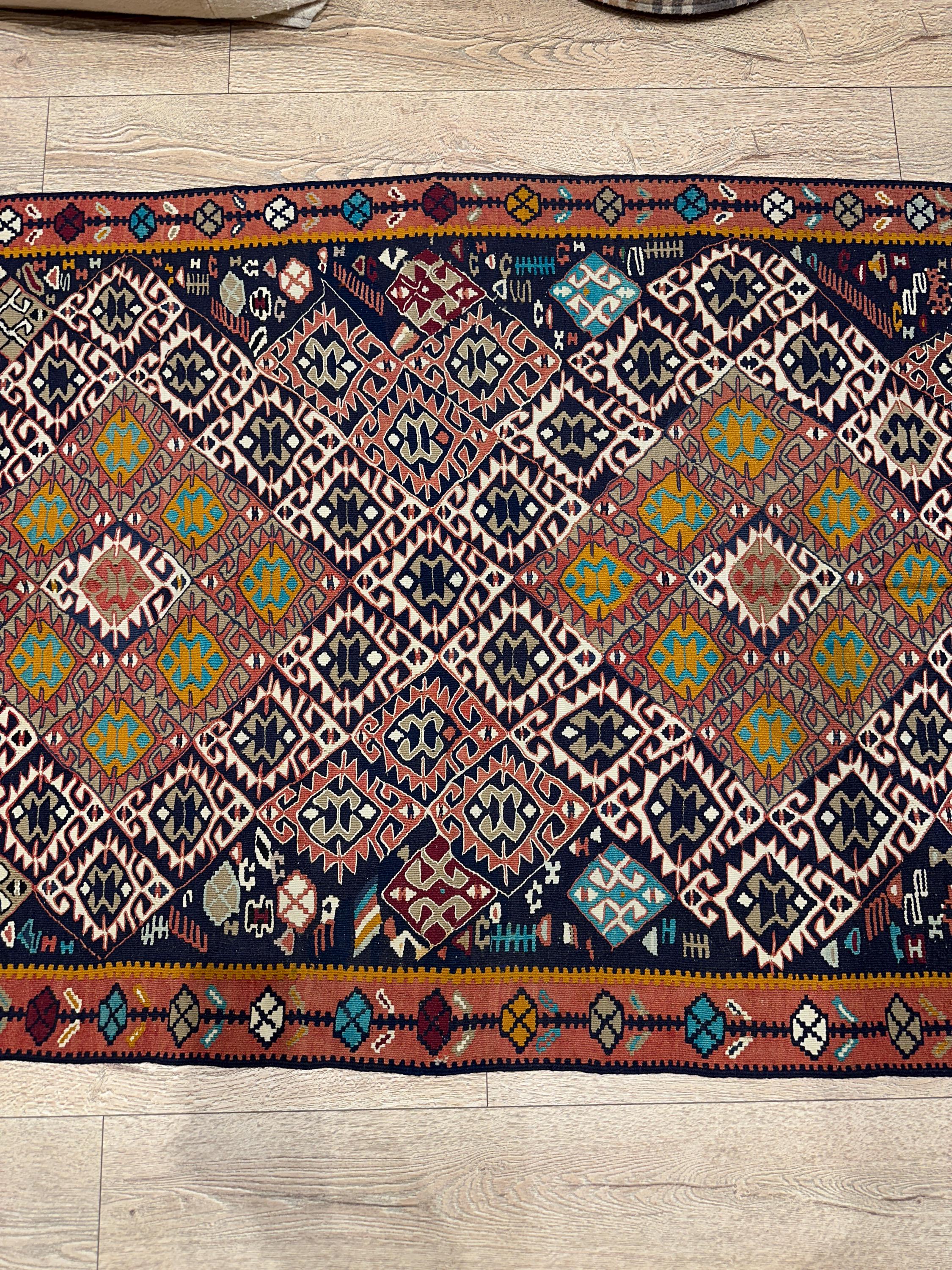 Vintage Turkish Kilim Rug, Handwoven Wool, Tribal Diamond Design (3.8 x 6.2 ft)