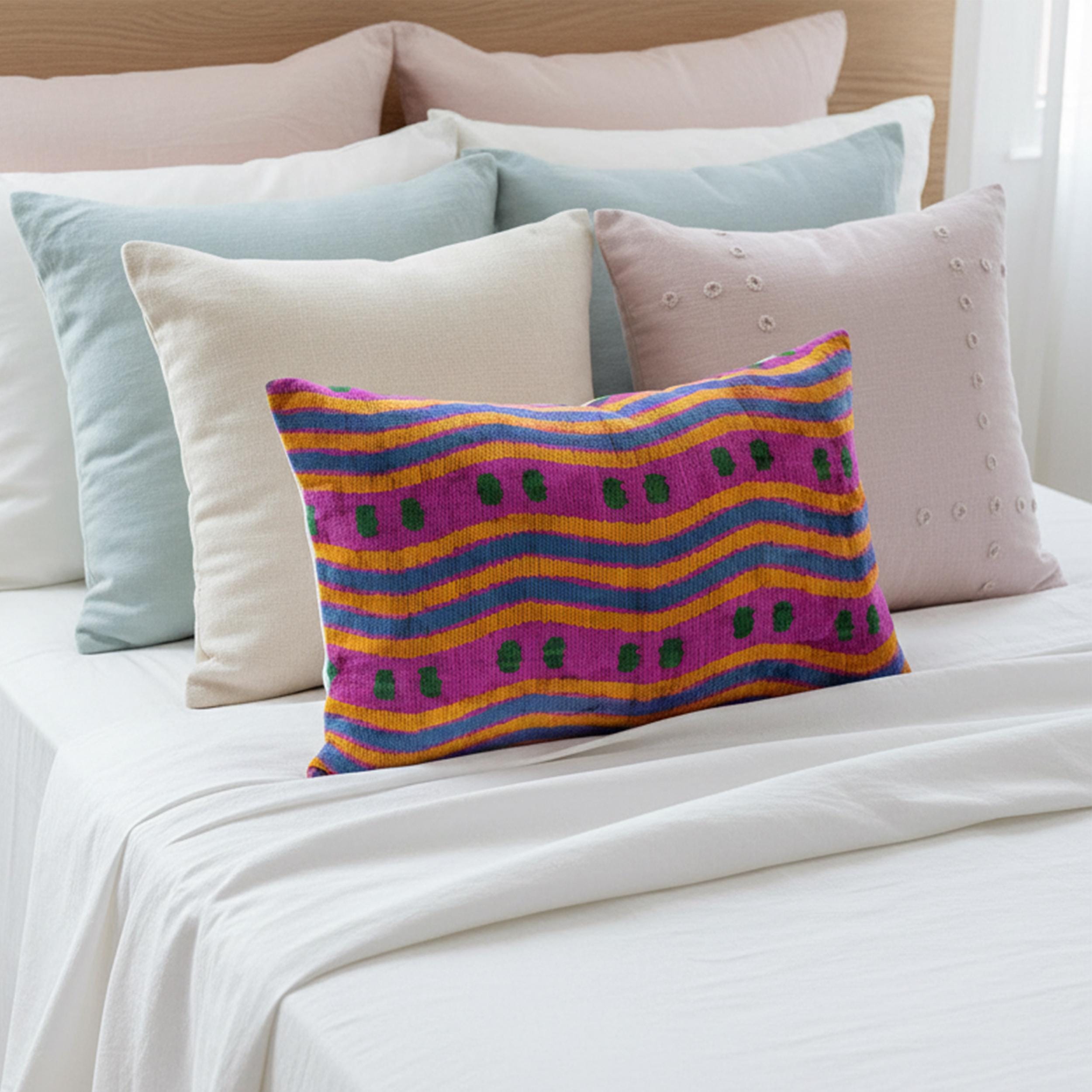 Pink Yellow Green Wavy Velvet Pillow Cover 16x24