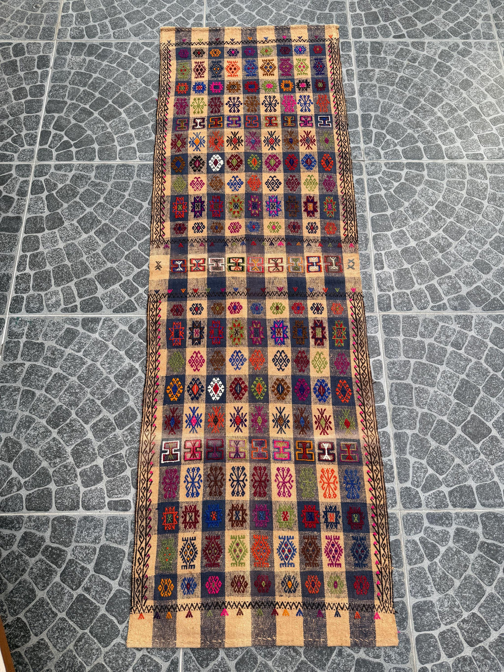 Vintage Turkish Kilim Rug, Bohemian Woven Area Rug (2.33x7.22 ft)
