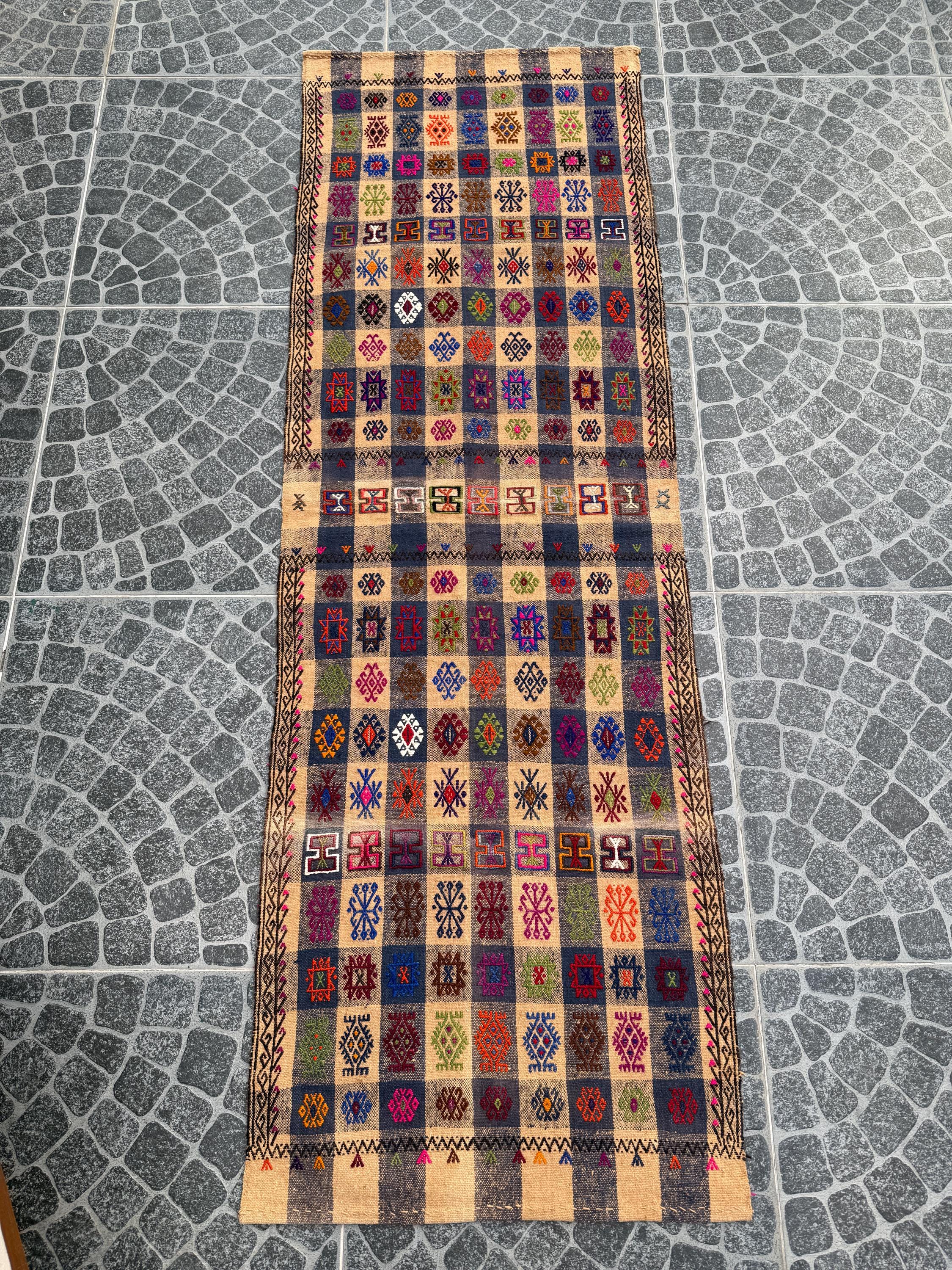 Vintage Turkish Kilim Rug, Bohemian Woven Area Rug (2.33x7.22 ft)
