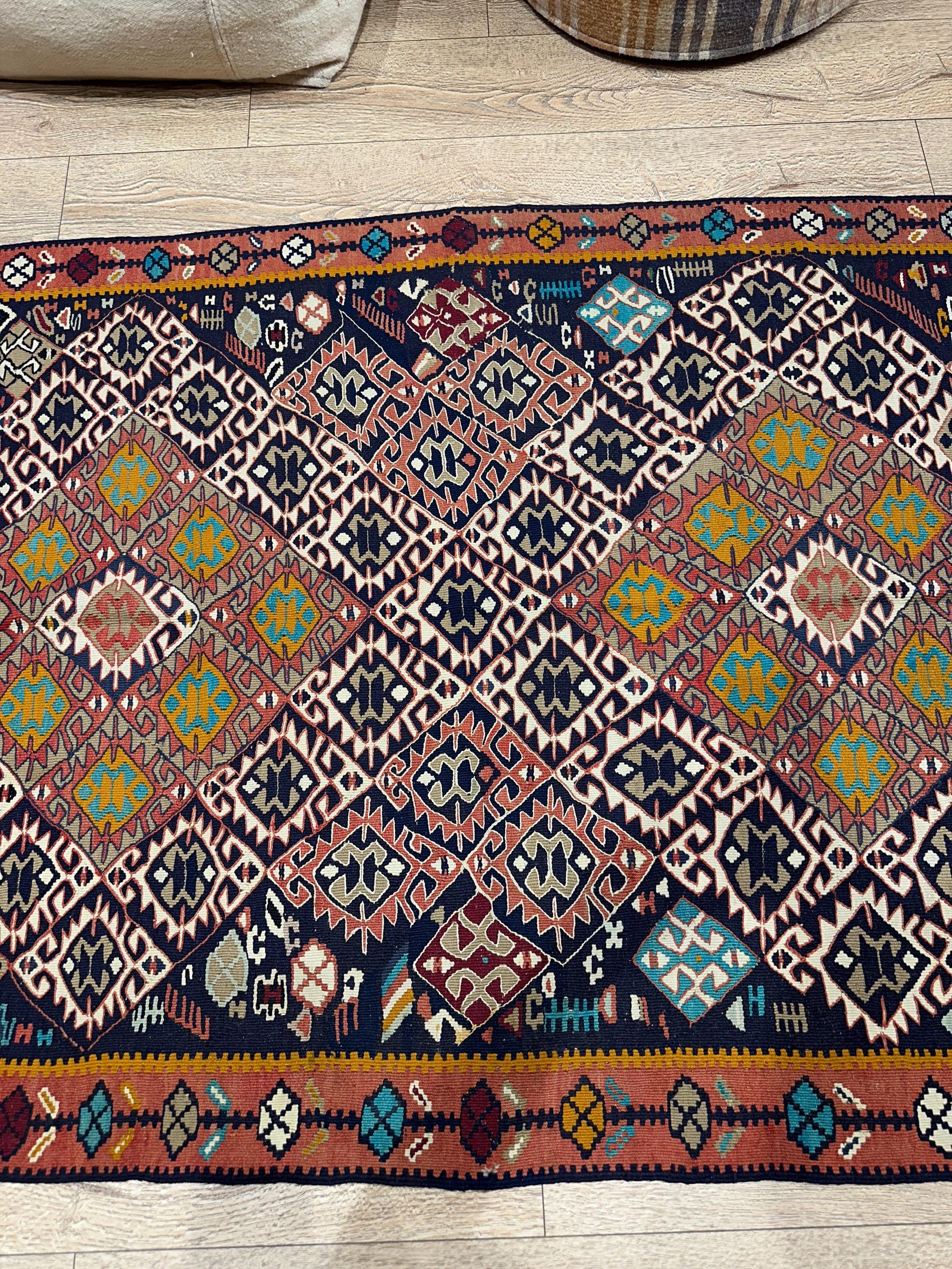 Vintage Turkish Kilim Rug, Handwoven Wool, Tribal Diamond Design (3.8 x 6.2 ft)