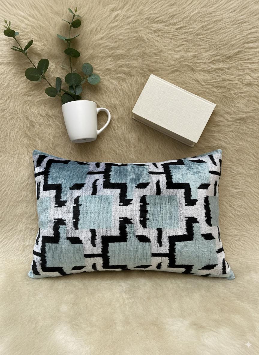 Blue Black and White Velvet Pillow Cover 16x24