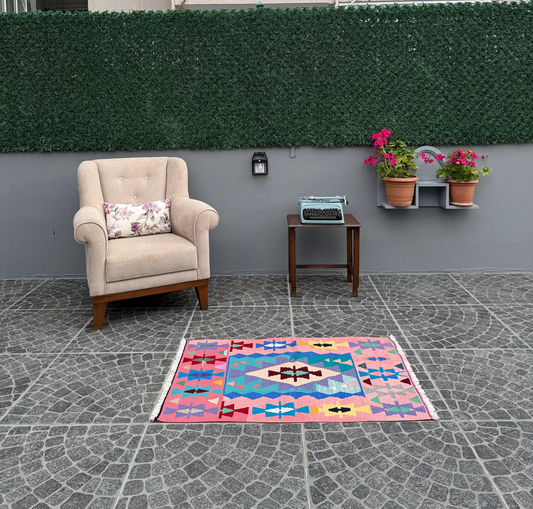 Vintage Turkish Kilim Rug: Handwoven Wool Anatolian Decor (2.40x3.51 ft)