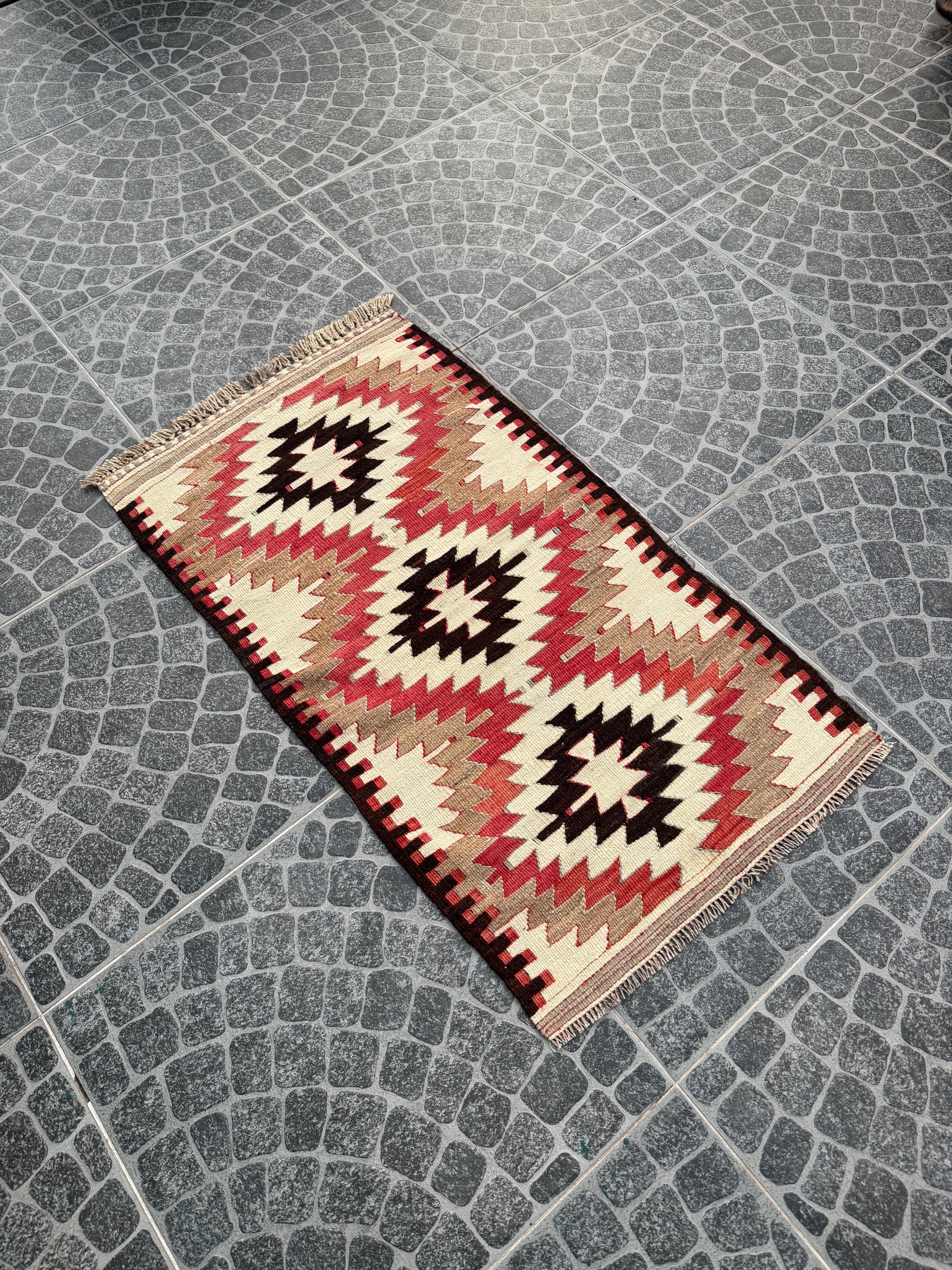 Vintage Turkish Cicim Kilim Rug, Handwoven Geometric Wool, 2.30x4.00 ft