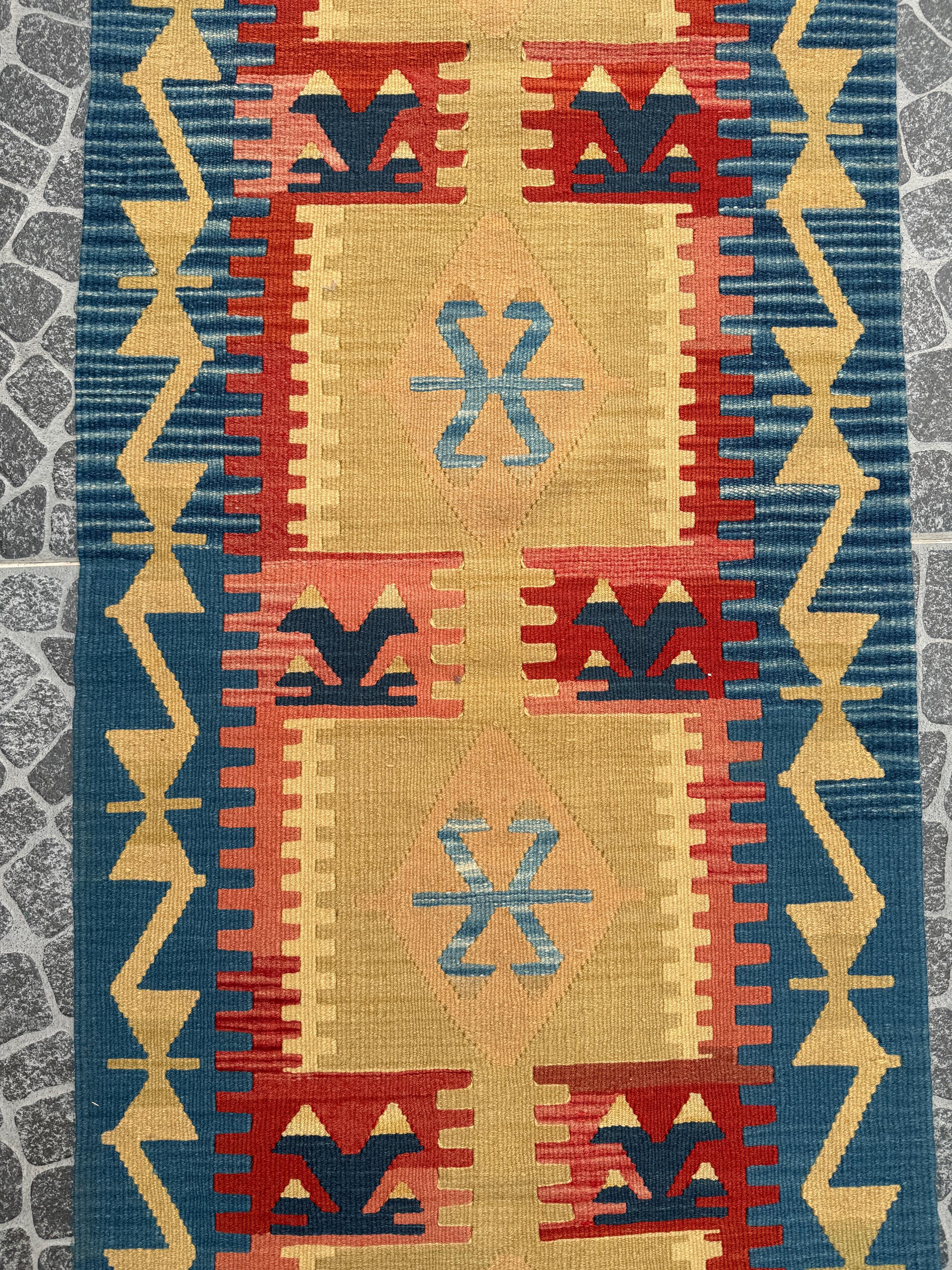 Vintage Turkish Kilim Rug, Handwoven Wool Runner (2.30x6.60 ft)