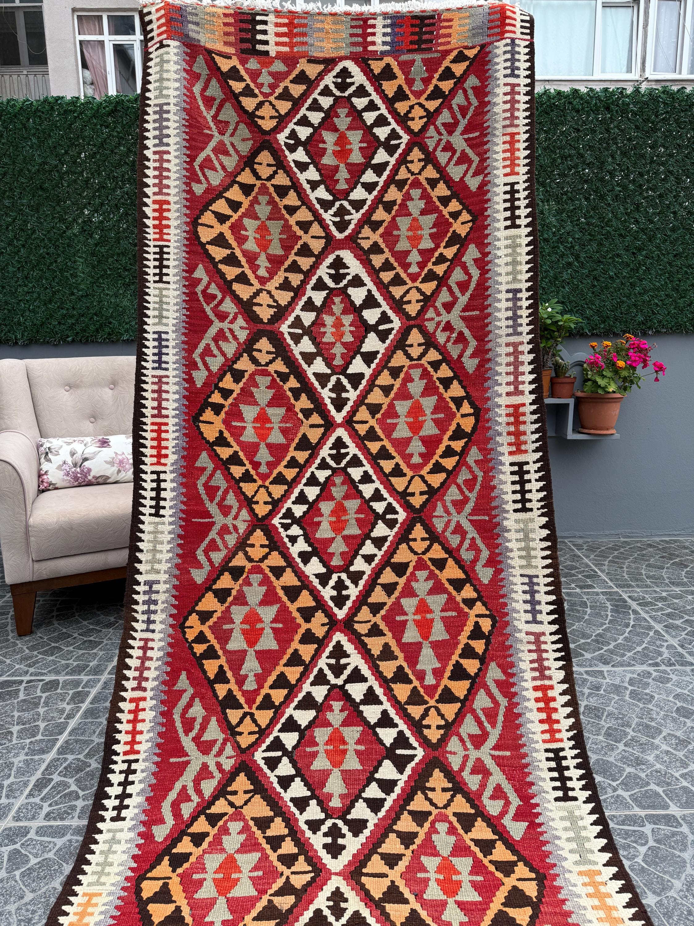 Vintage Handwoven Turkish Kilim Rug: Tarak Motif Wall Hanging (3.44x9.38ft)