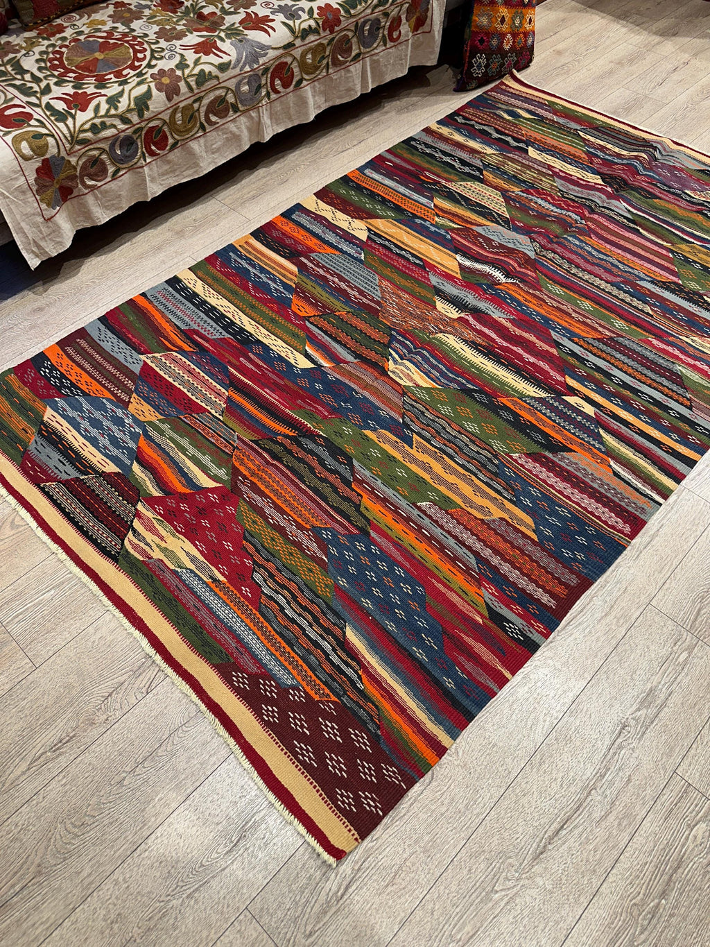 Vintage Turkish Kilim Rug, Boho Geometric Wool Area Rug (4.6 x 7.7 ft)