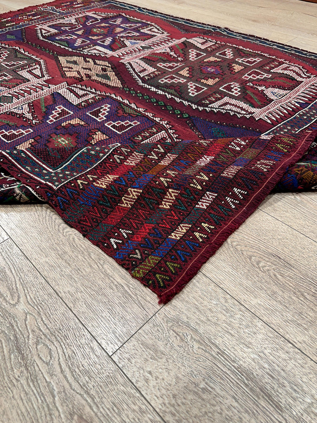 Vintage Turkish Kilim Rug, Handwoven Wool, Geometric Tribal Design (4.46 x 6.56 ft)