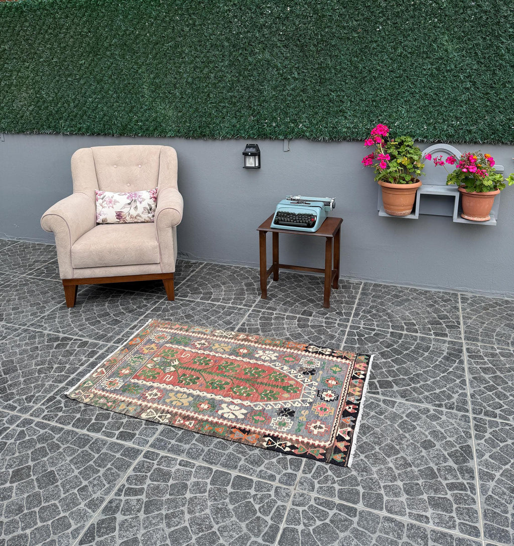 Vintage Turkish Kilim Rug, Tree of Life, Handwoven Wool (2.53x4.20 ft)