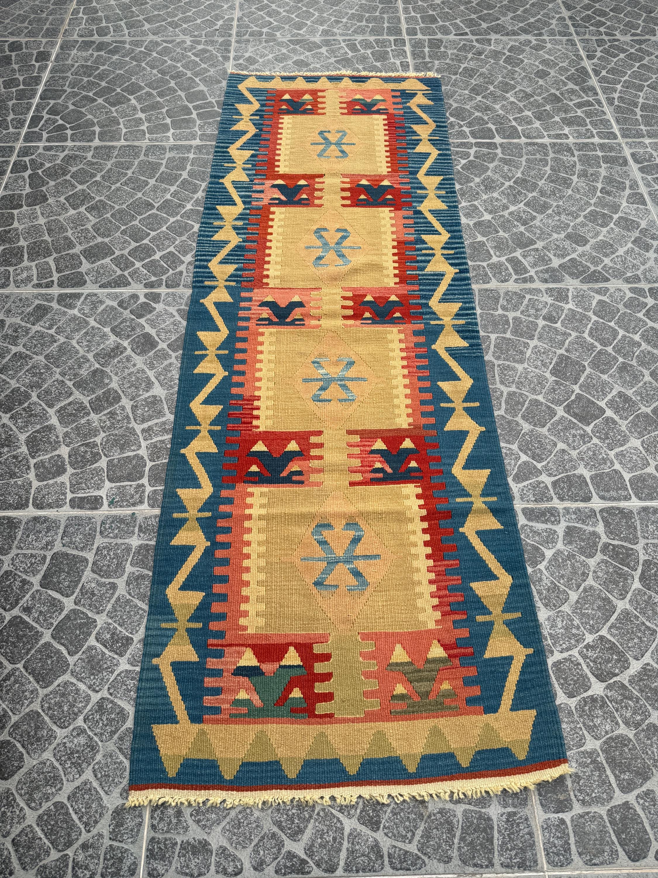 Vintage Turkish Kilim Rug, Handwoven Wool Runner (2.30x6.60 ft)