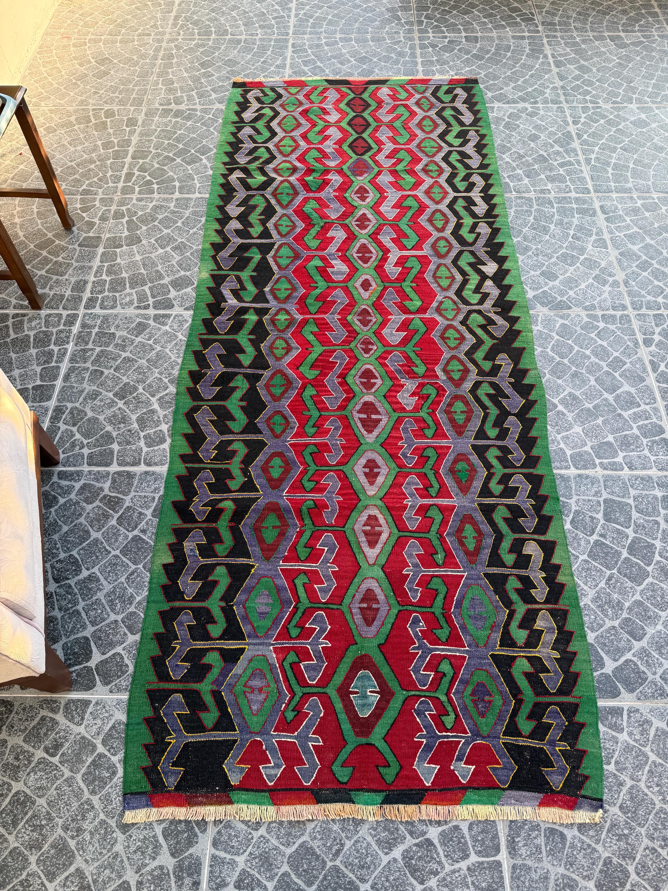 Vintage Turkish Kilim Rug, Handwoven Scorpion Motif, 3.61x9.22 ft