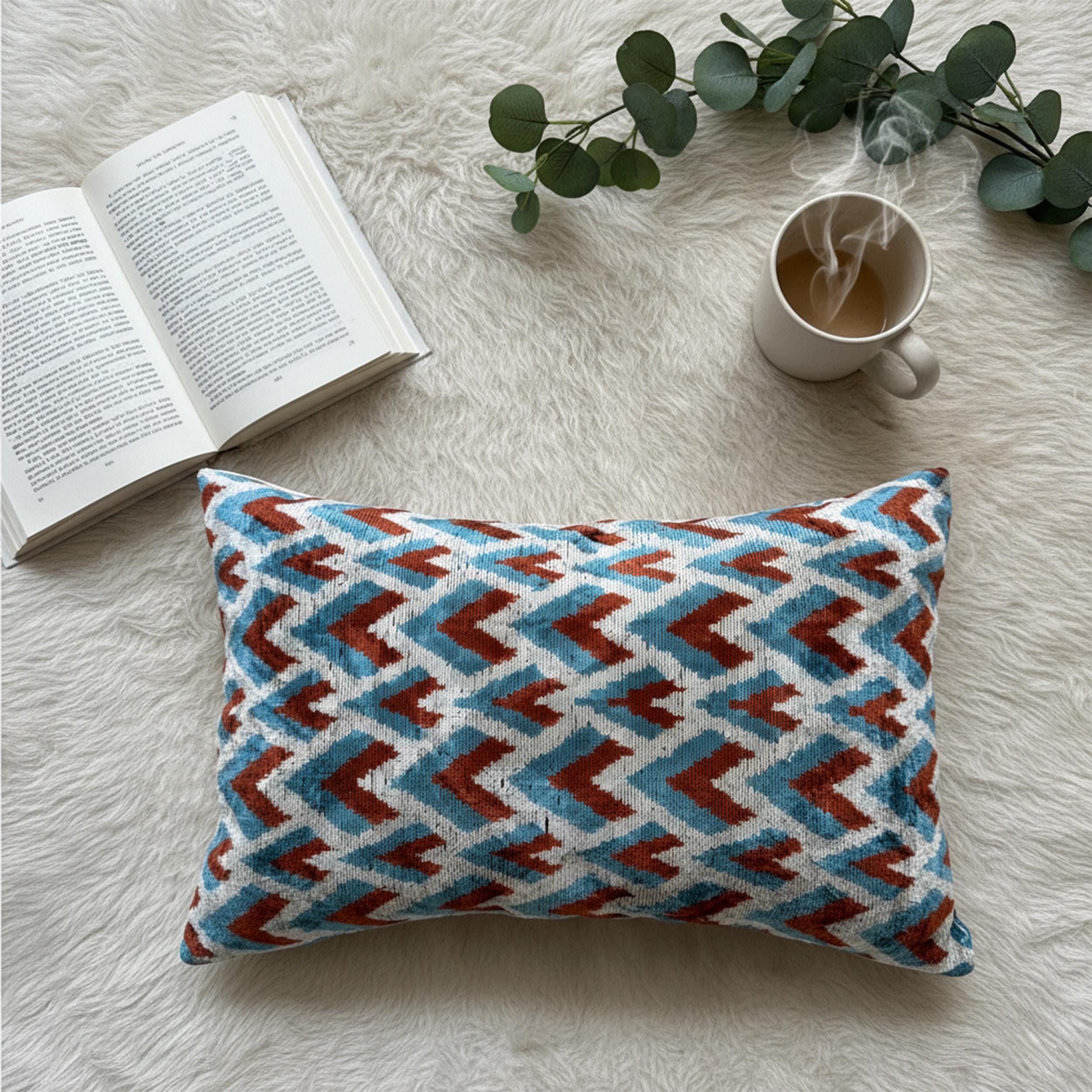 Blue and Rust Chevron Velvet Pillow Cover 16x24