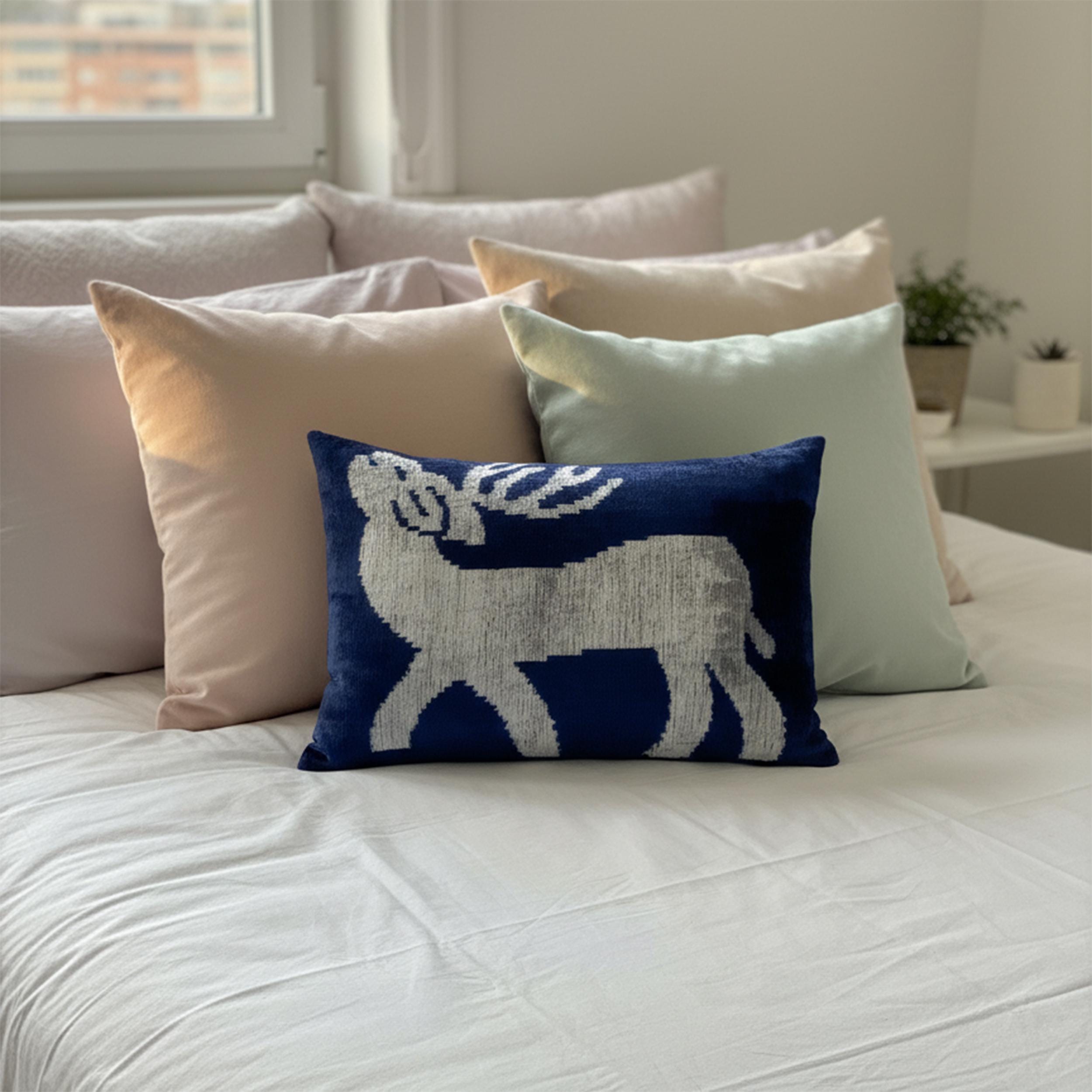 White Deer Motif on Navy Blue Velvet Pillow Cover 16x24