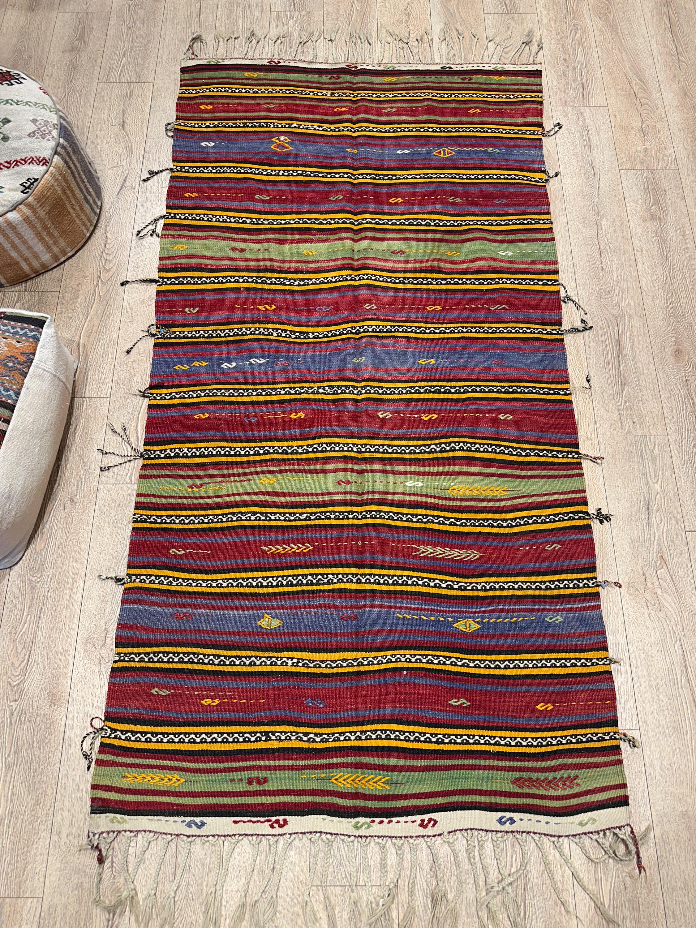 Vintage Turkish Kilim Rug, Multicolor Wool Anatolian Rug (3.8 x 7.8 ft)
