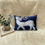 White Deer Motif on Navy Blue Velvet Pillow Cover 16x24