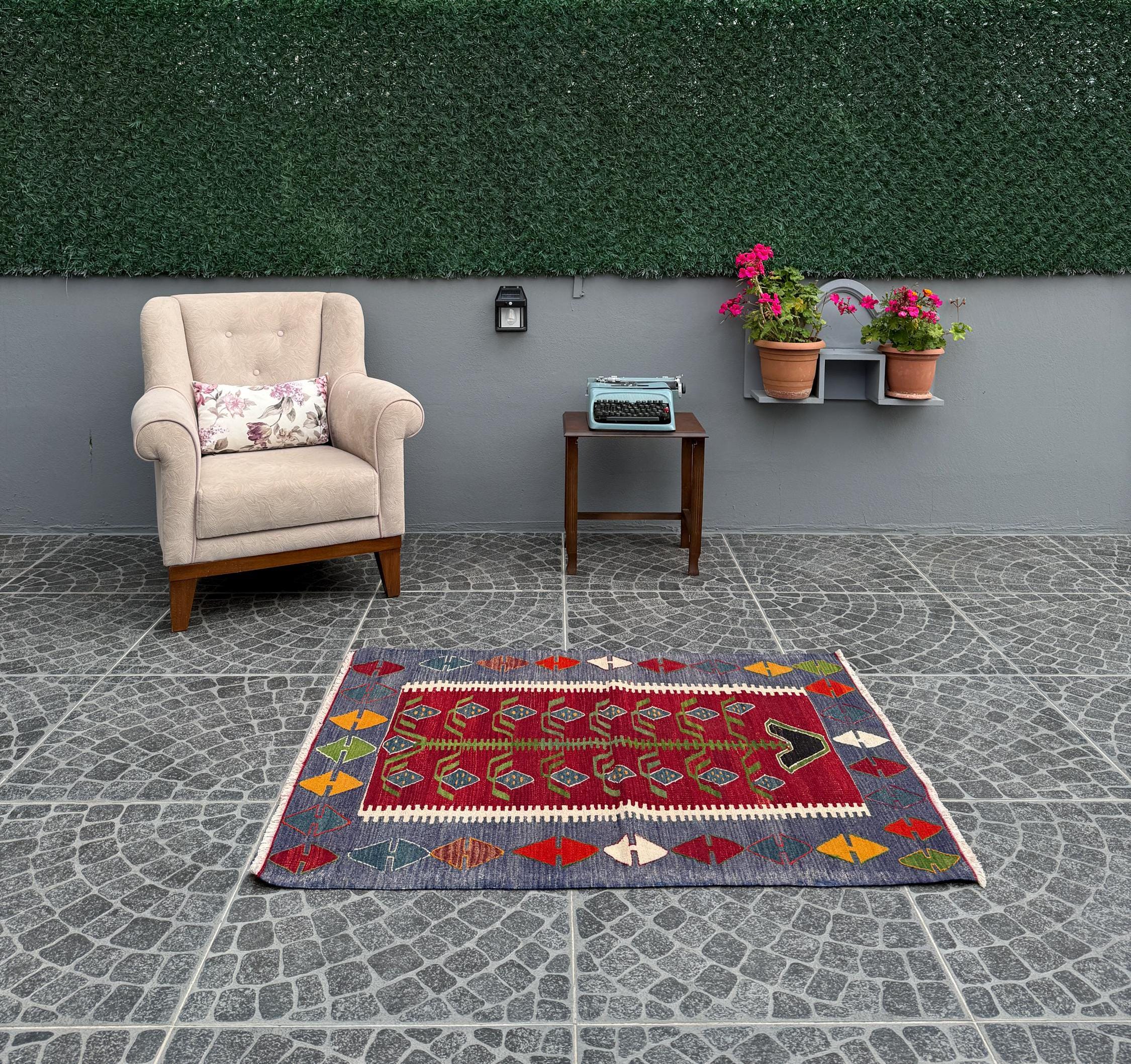 Vintage Turkish Kilim Rug, Tree of Life Motif, Bohemian Home Decor (3.28x4.33 ft)