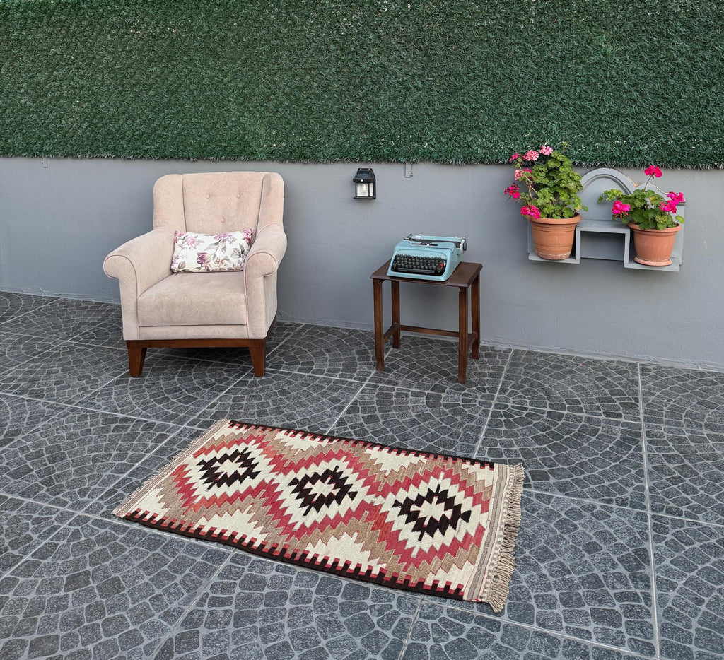 Vintage Turkish Cicim Kilim Rug, Handwoven Geometric Wool, 2.30x4.00 ft