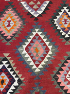 Vintage Turkish Kilim Rug – 4.6 x 7.4 ft, Red Black Geometric Wool Rug