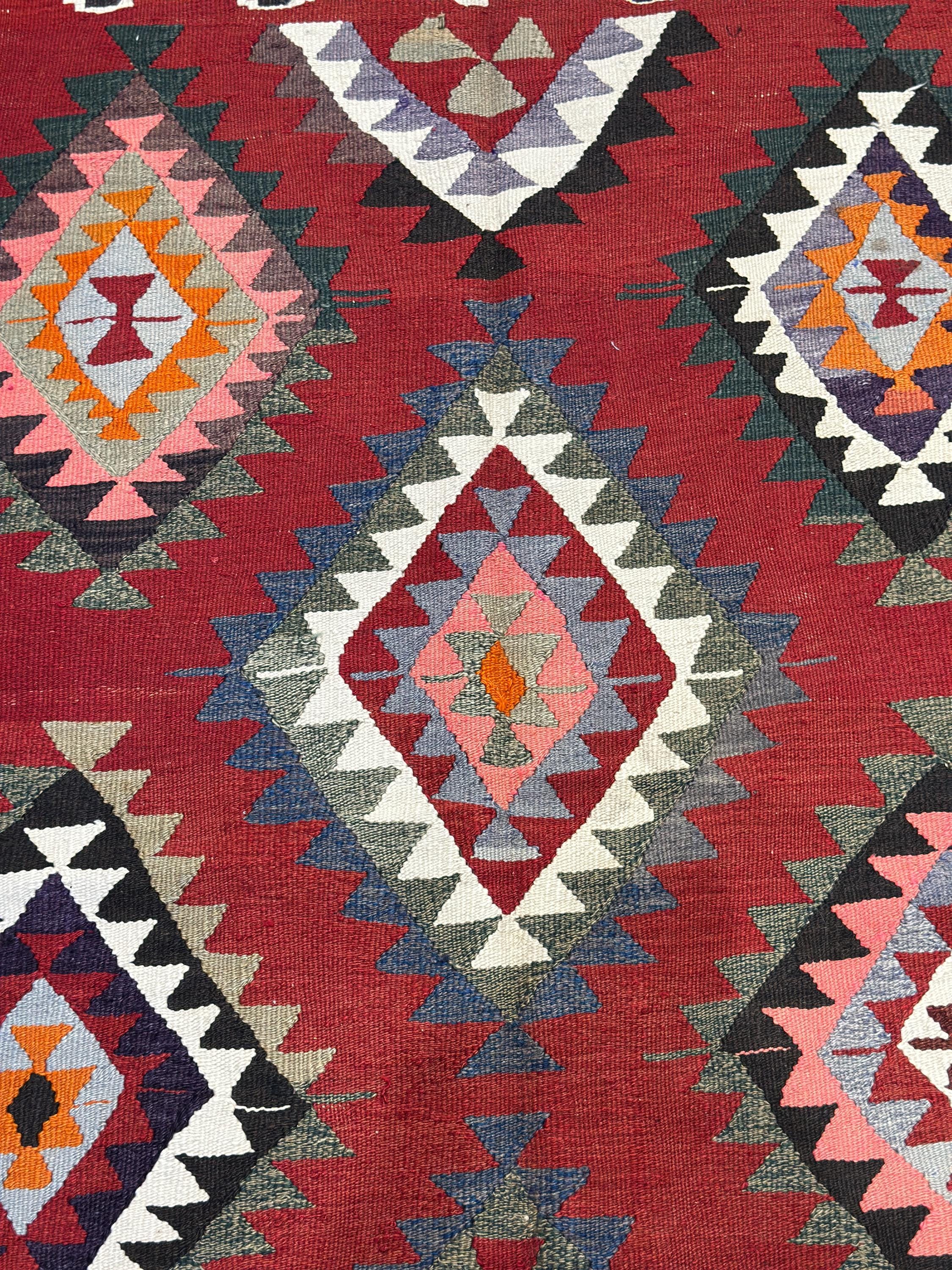Vintage Turkish Kilim Rug – 4.6 x 7.4 ft, Red Black Geometric Wool Rug