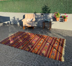 Handwoven Turkish Kilim Rug: Bohemian Geometric Vintage Accent Rug (4x6)