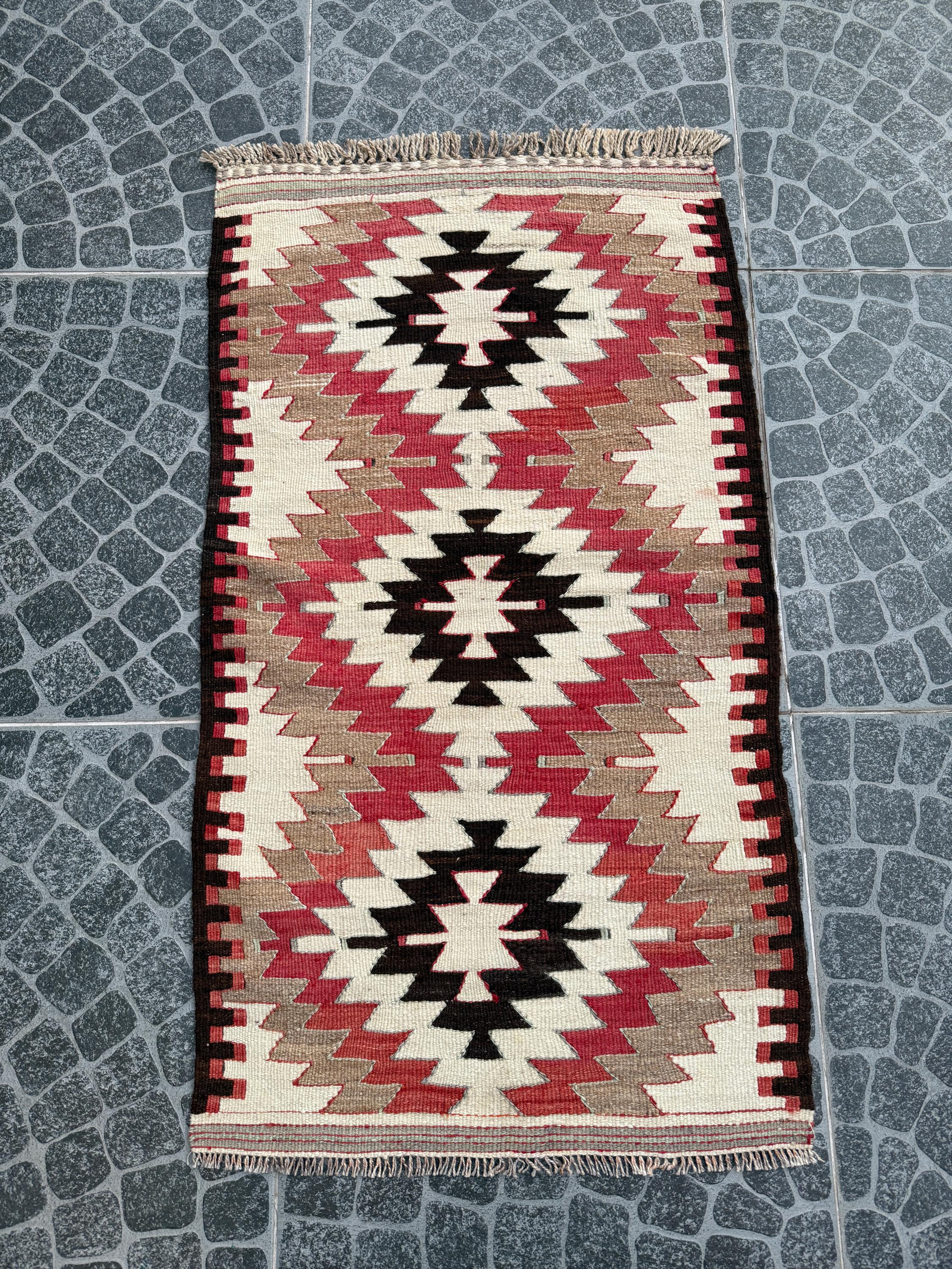 Vintage Turkish Cicim Kilim Rug, Handwoven Geometric Wool, 2.30x4.00 ft