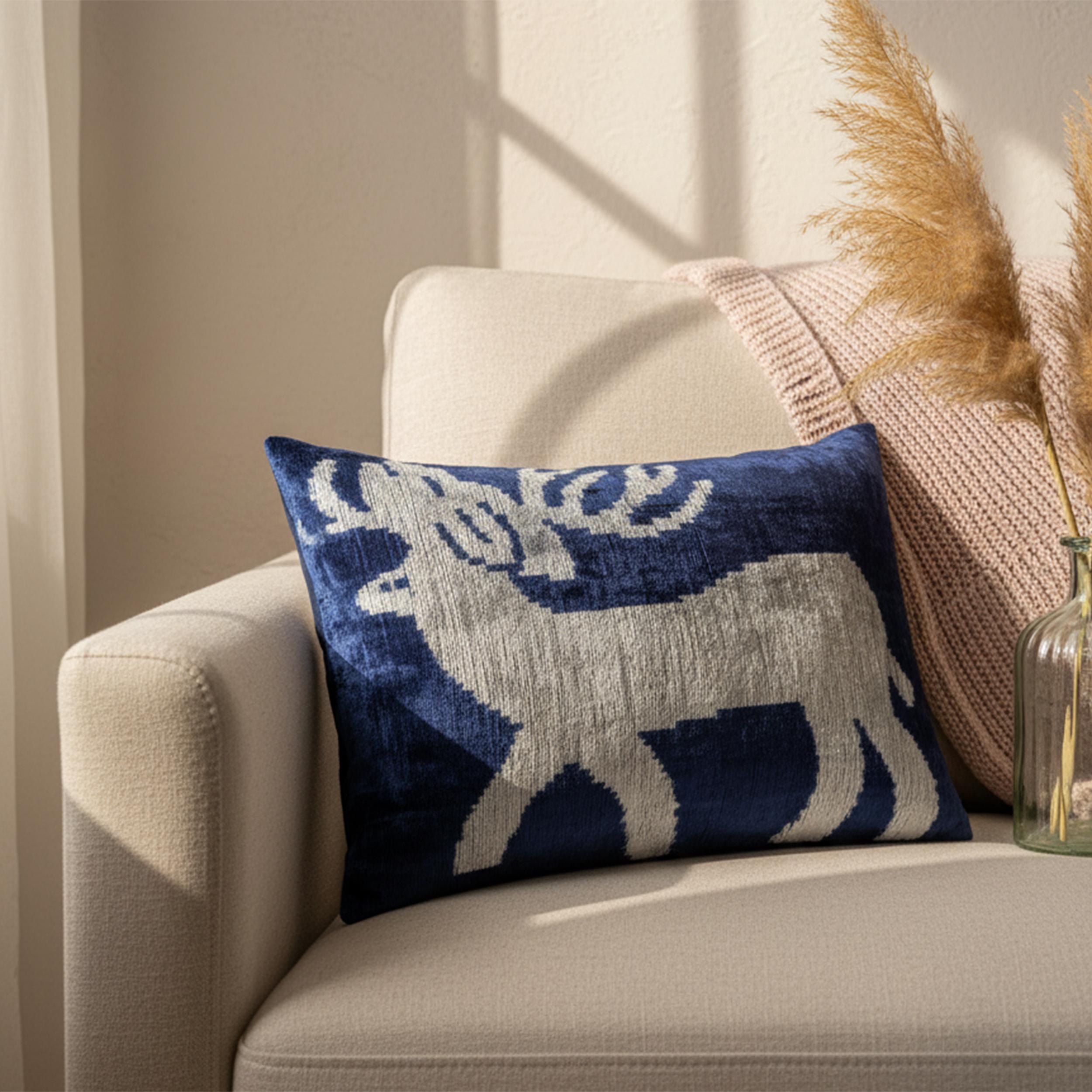 White Deer Motif on Navy Blue Velvet Pillow Cover 16x24
