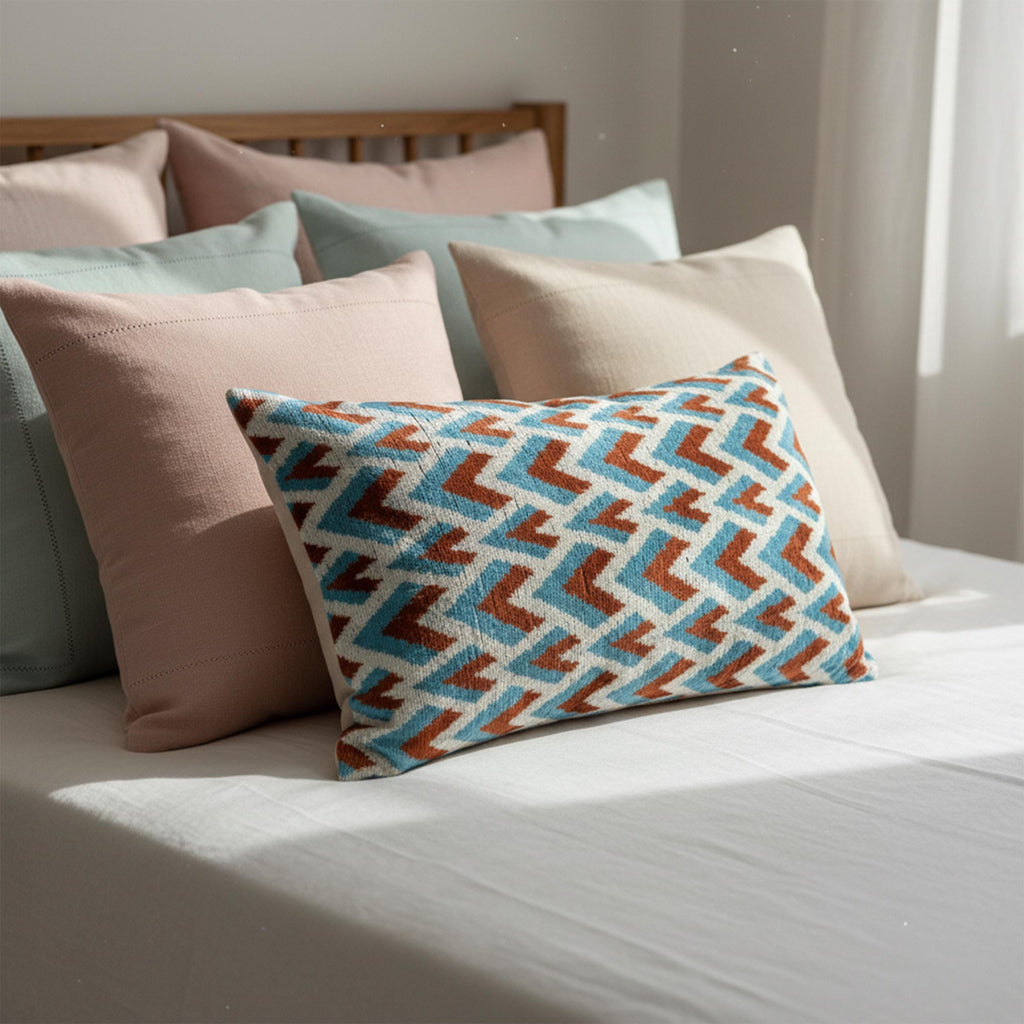 Blue and Rust Chevron Velvet Pillow Cover 16x24