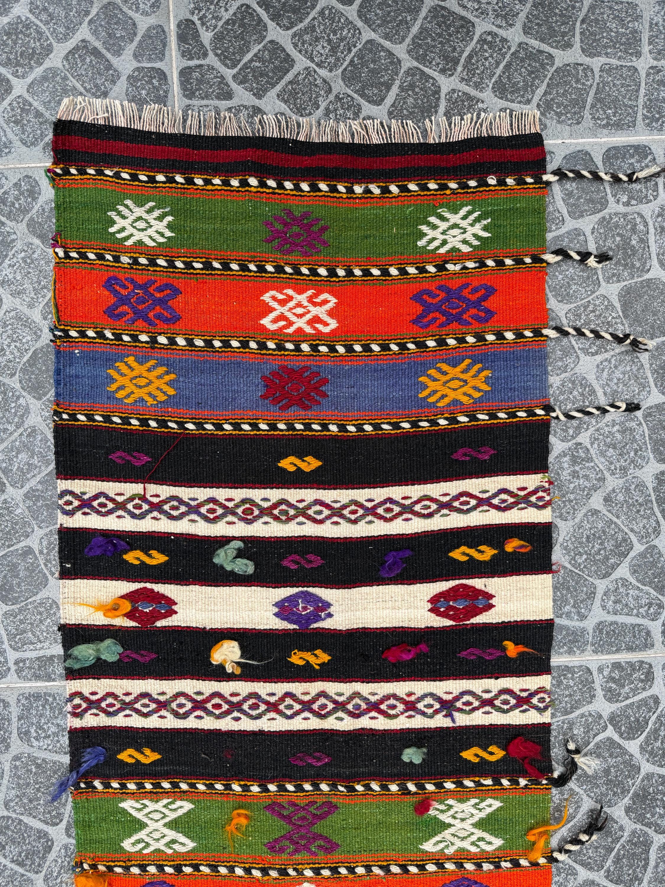 Vintage Handwoven Kilim Runner Rug: Turkish Cicim Design, Boho Decor