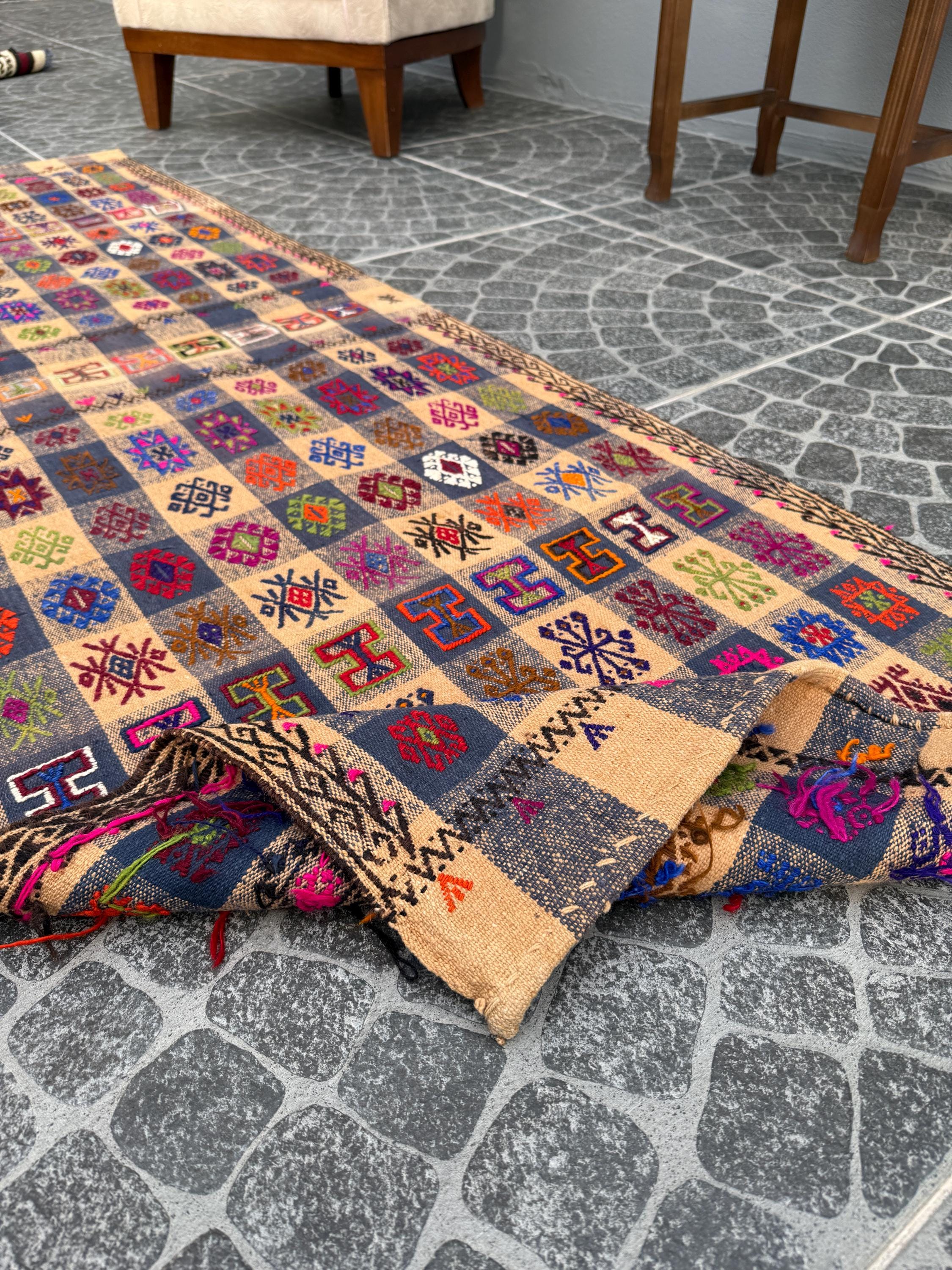 Vintage Turkish Kilim Rug, Bohemian Woven Area Rug (2.33x7.22 ft)