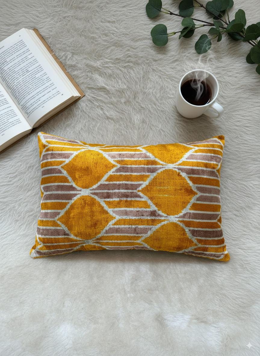 Mustard Yellow and Beige Velvet Pillow Cover 16x24