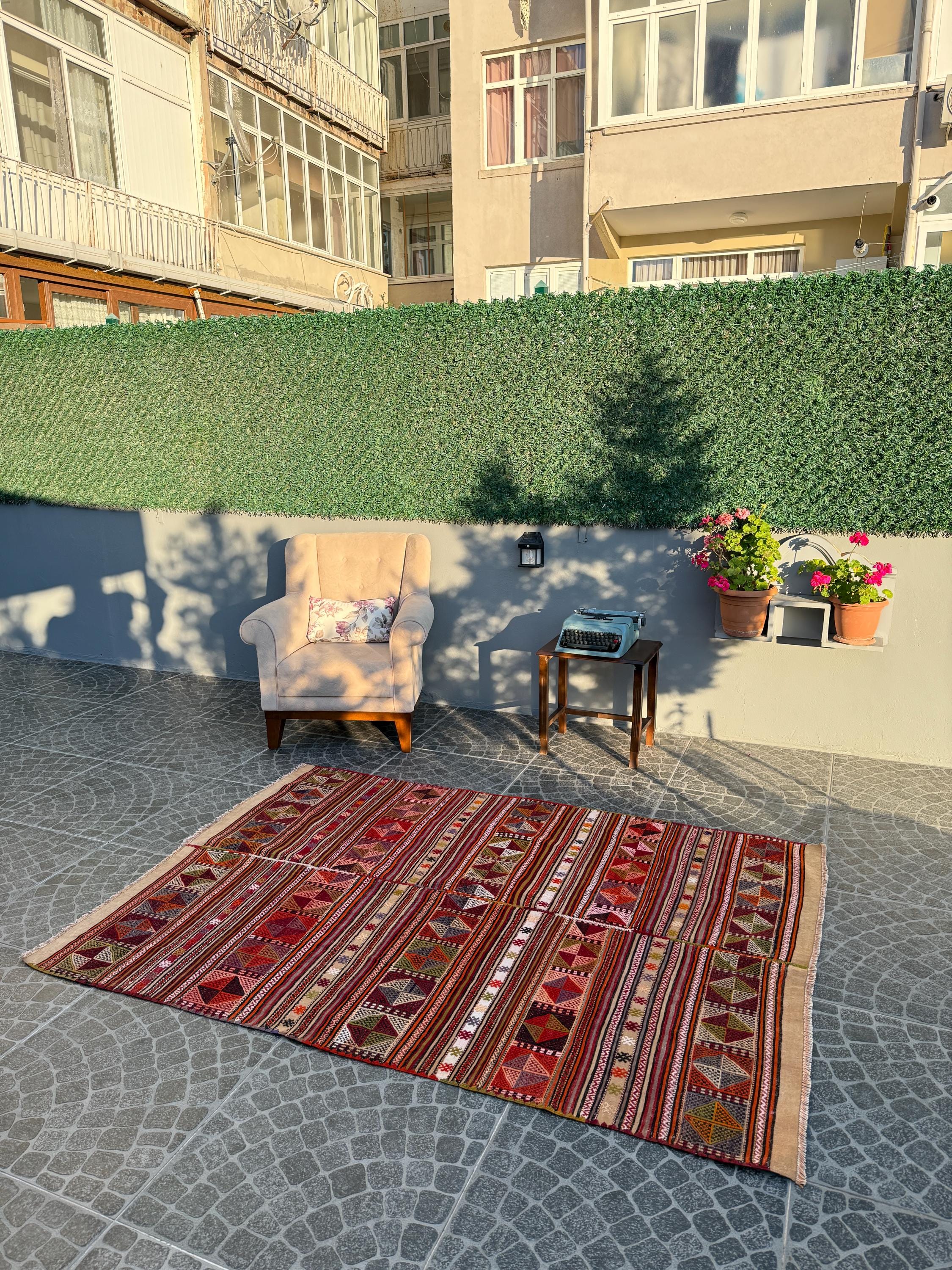 Vintage Turkish Kilim Rug, Handwoven Yunt Mountain, Bohemian Decor (4.95x6.89 ft)